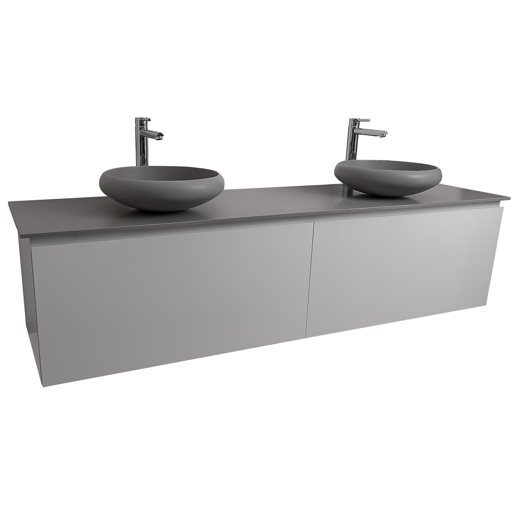 Venice 72 White High Gloss Cabinet, Solid Surface Flat Grey Counter And Two Round Solid Surface Grey Basin 1153, Wall Mounted Modern Vanity Set