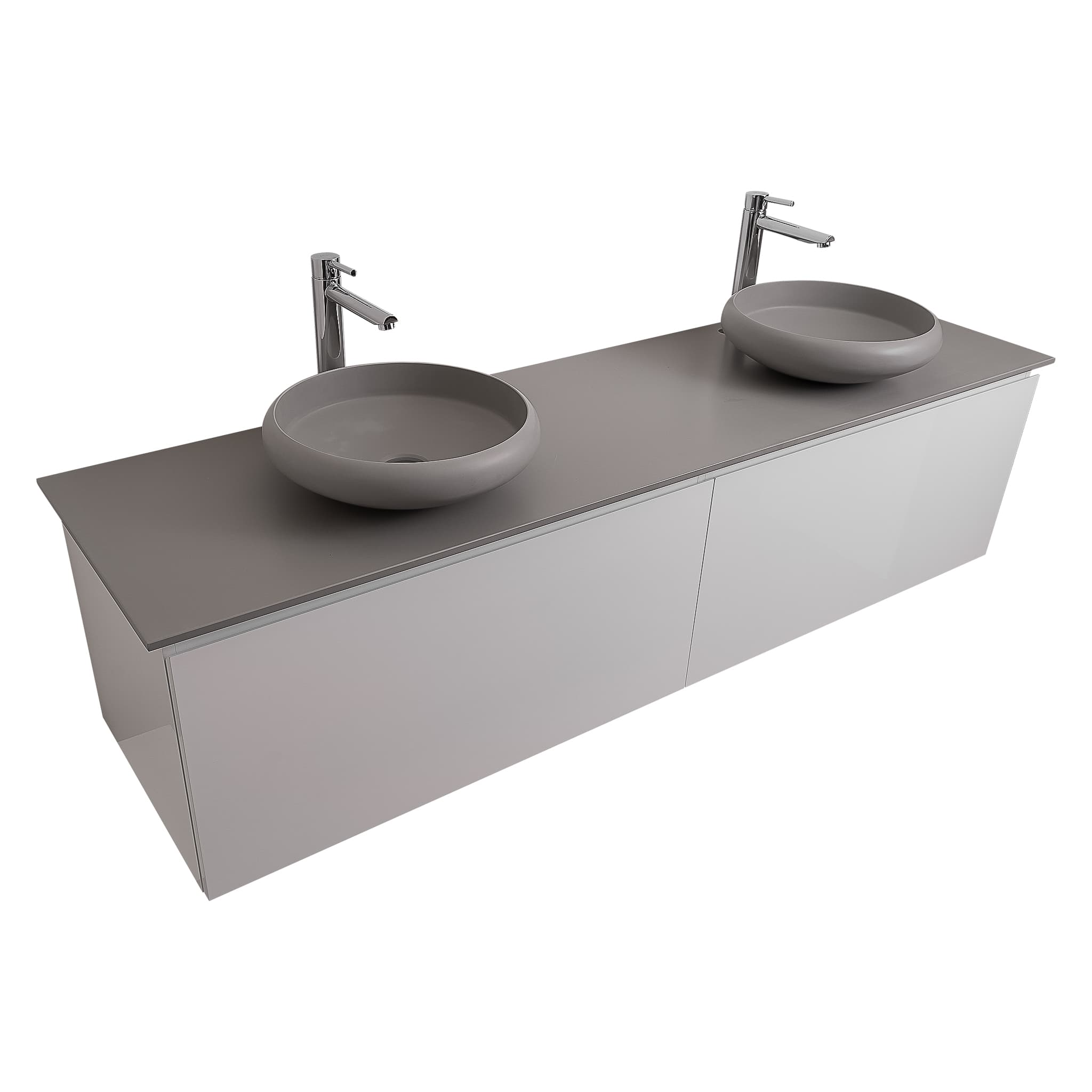 Venice 72 White High Gloss Cabinet, Solid Surface Flat Grey Counter And Two Round Solid Surface Grey Basin 1153, Wall Mounted Modern Vanity Set