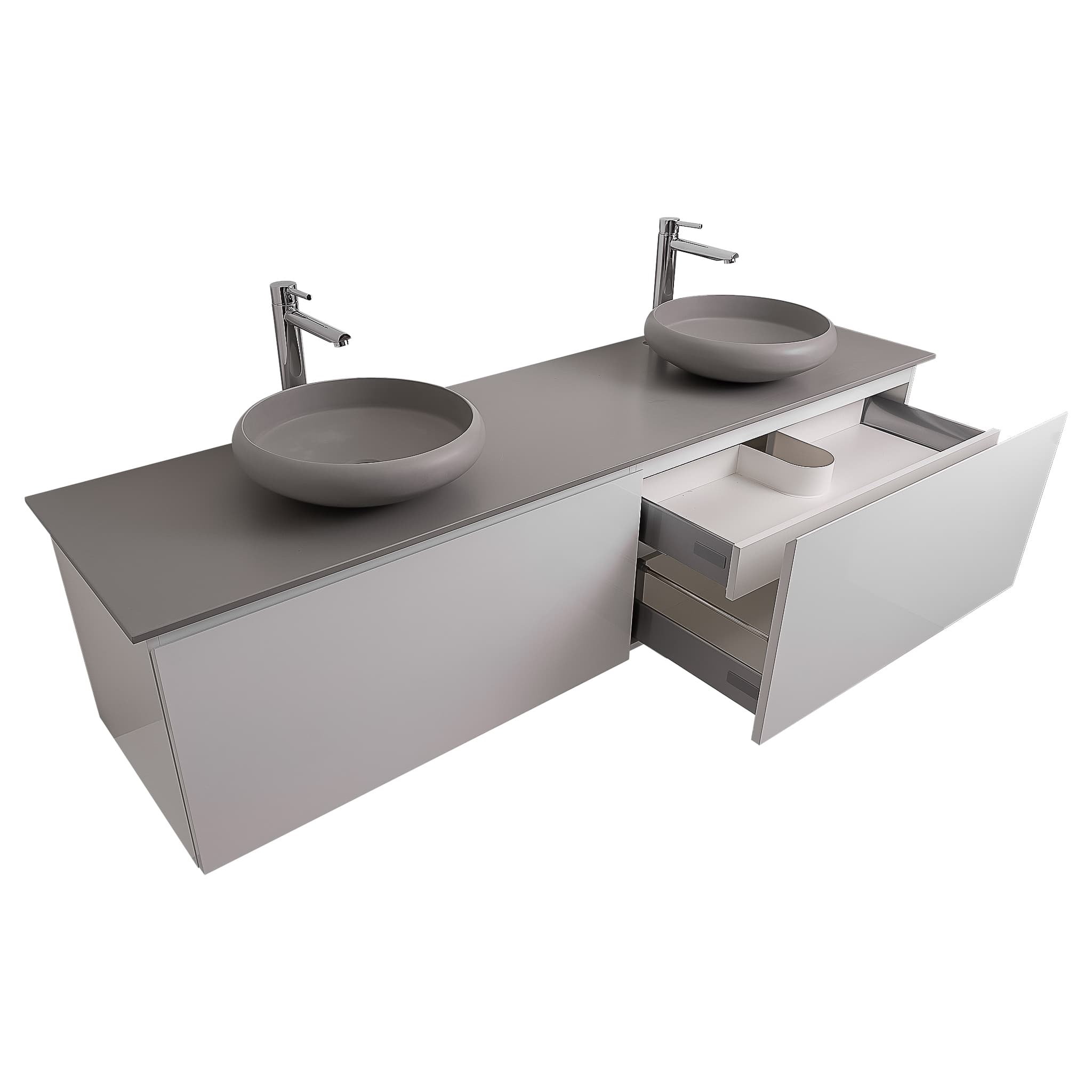 Venice 72 White High Gloss Cabinet, Solid Surface Flat Grey Counter And Two Round Solid Surface Grey Basin 1153, Wall Mounted Modern Vanity Set