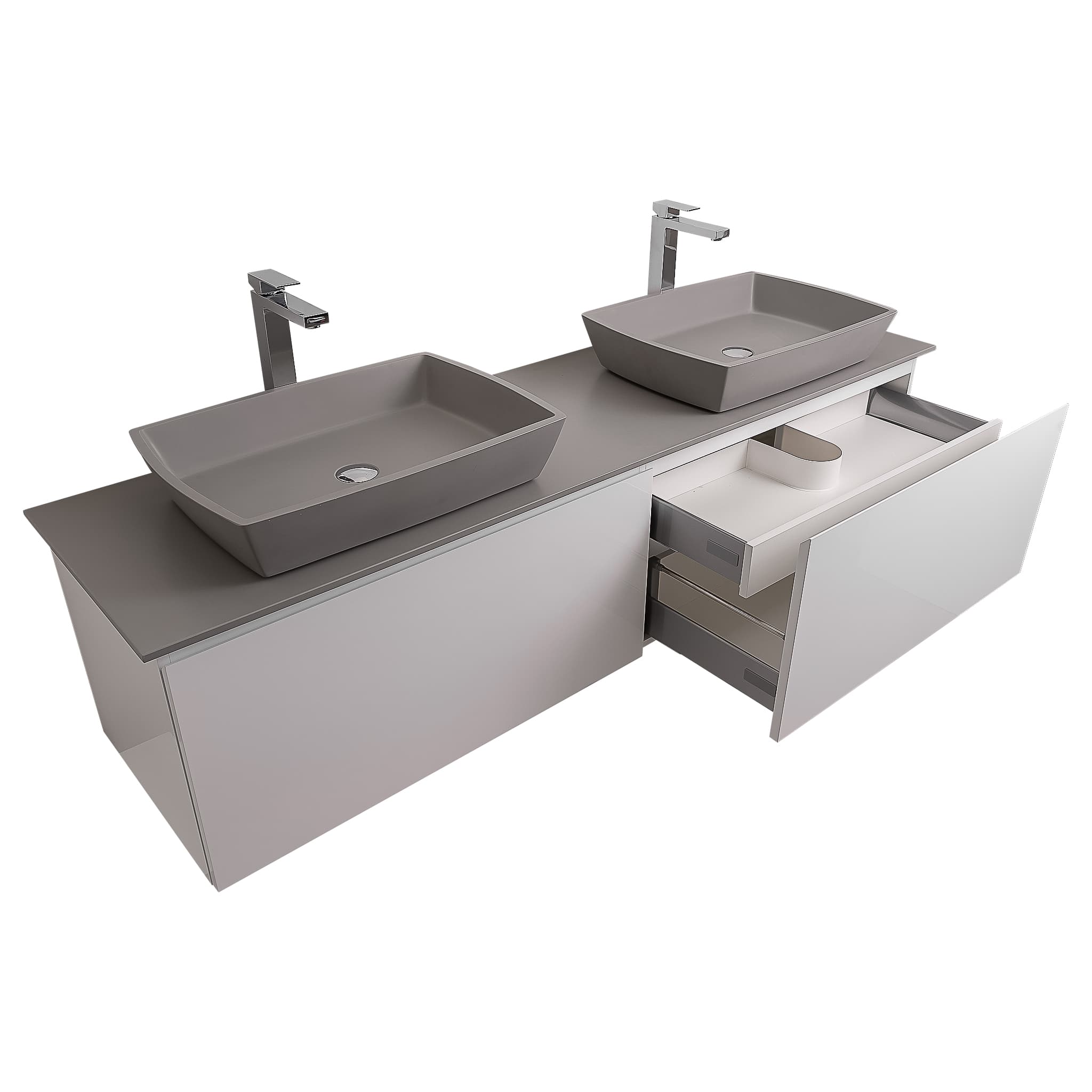 Venice 72 White High Gloss Cabinet, Solid Surface Flat Grey Counter And Two Square Solid Surface Grey Basin 1316, Wall Mounted Modern Vanity Set
