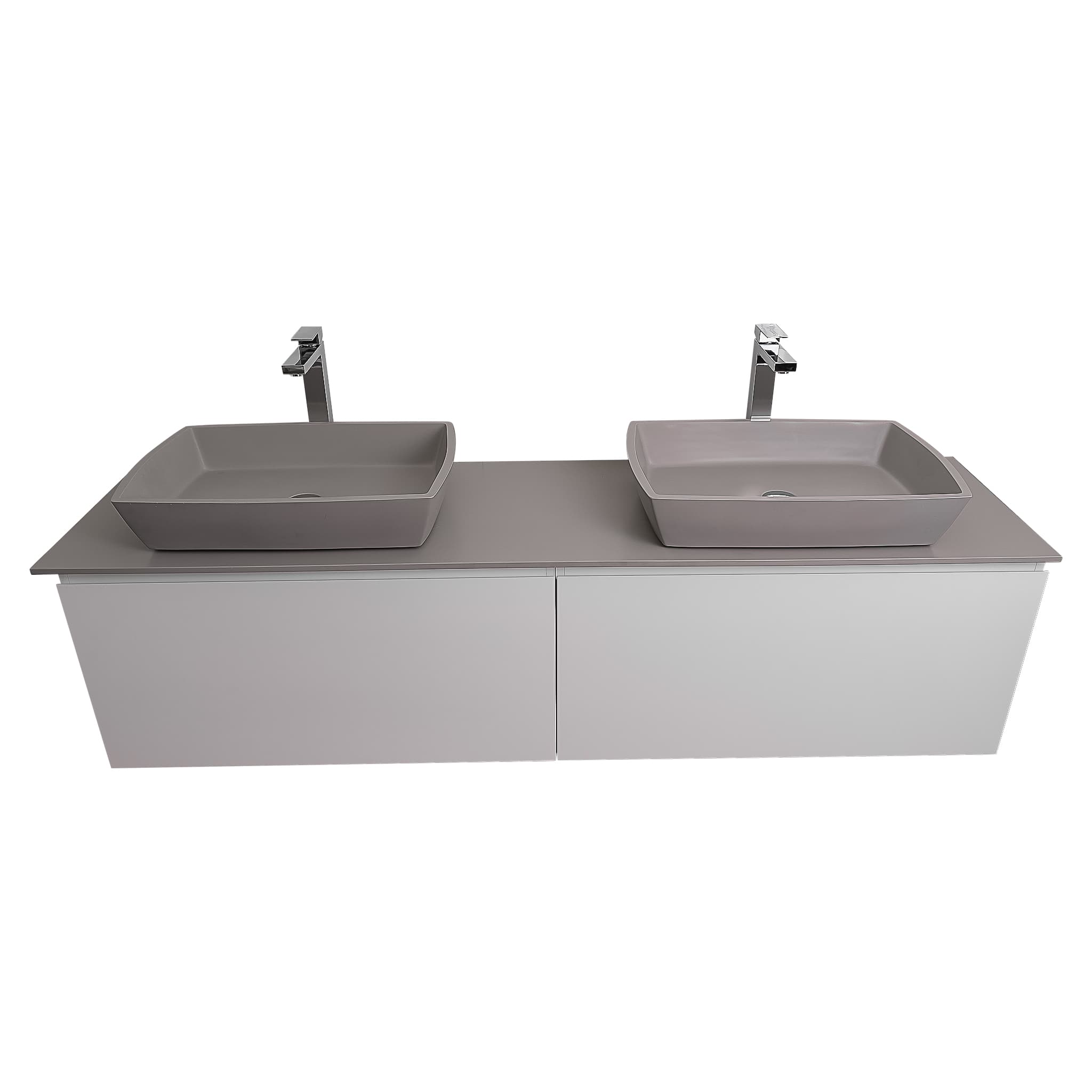 Venice 72 White High Gloss Cabinet, Solid Surface Flat Grey Counter And Two Square Solid Surface Grey Basin 1316, Wall Mounted Modern Vanity Set