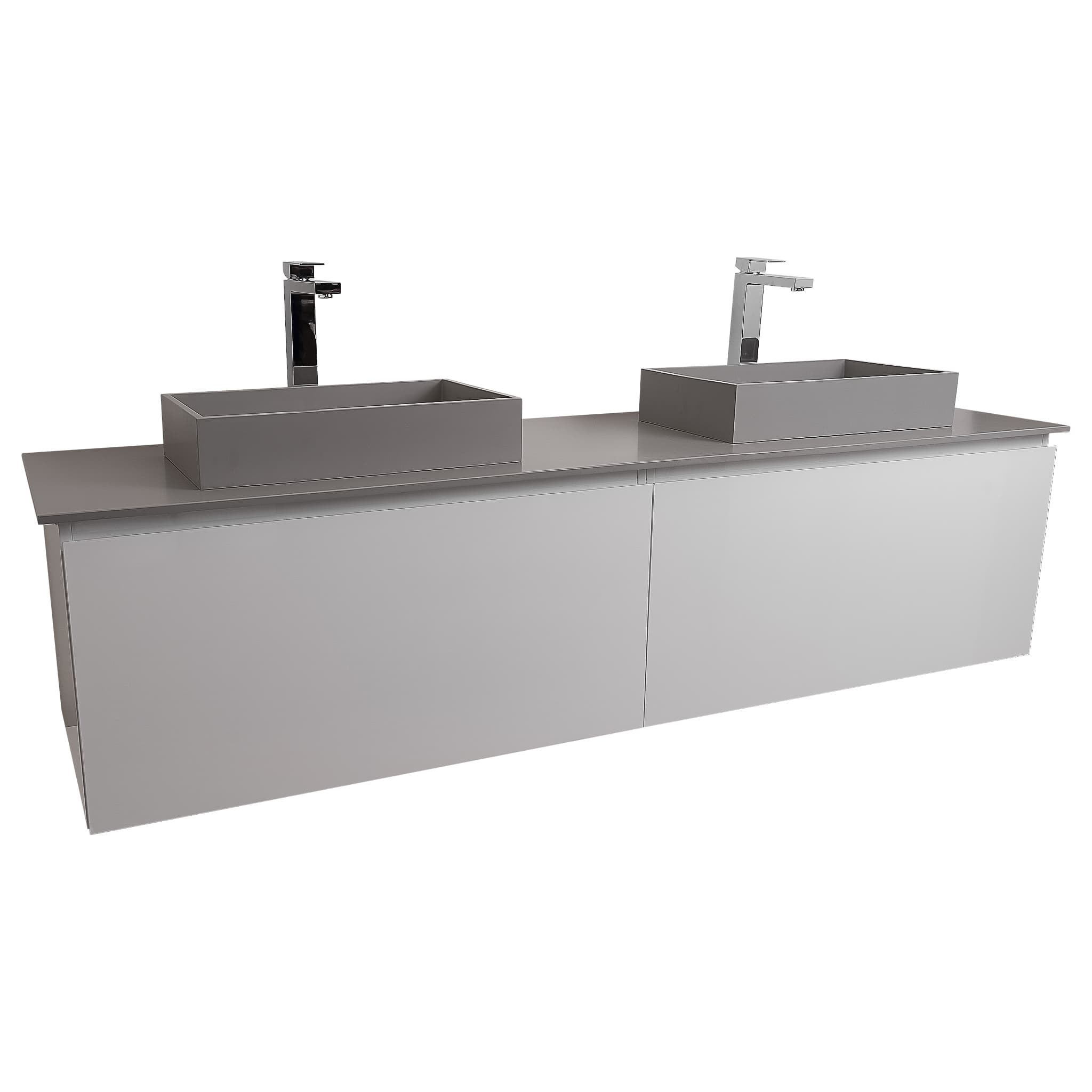 Venice 72 White High Gloss Cabinet, Solid Surface Flat Grey Counter And Two Two Infinity Square Solid Surface Grey Basin 1329, Wall Mounted Modern Vanity Set