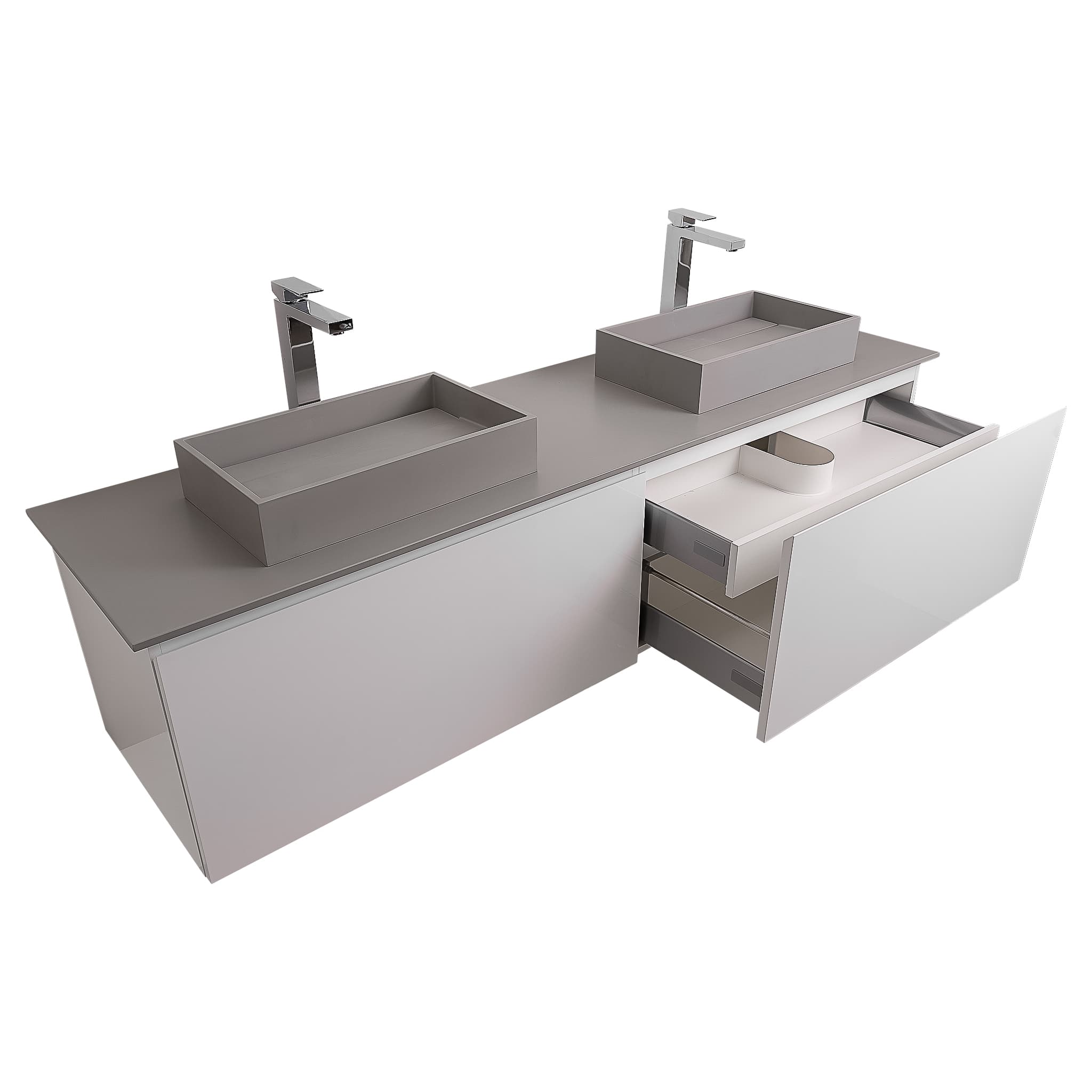 Venice 72 White High Gloss Cabinet, Solid Surface Flat Grey Counter And Two Two Infinity Square Solid Surface Grey Basin 1329, Wall Mounted Modern Vanity Set