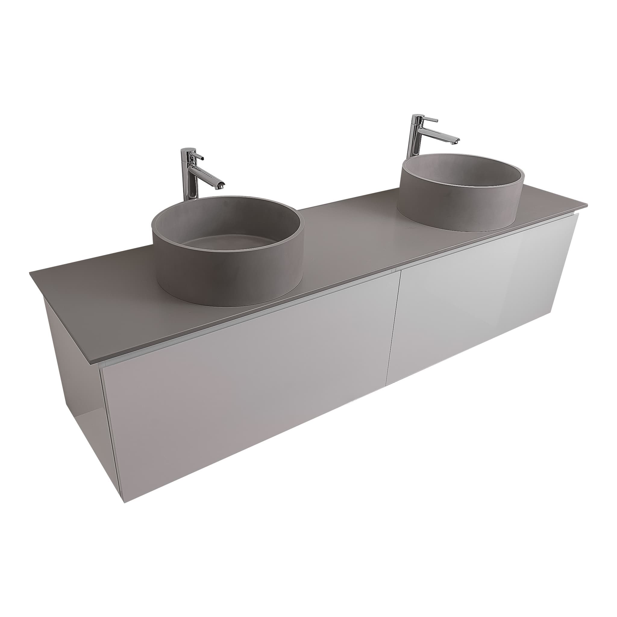 Venice 72 White High Gloss Cabinet, Solid Surface Flat Grey Counter And Two Round Solid Surface Grey Basin 1386, Wall Mounted Modern Vanity Set