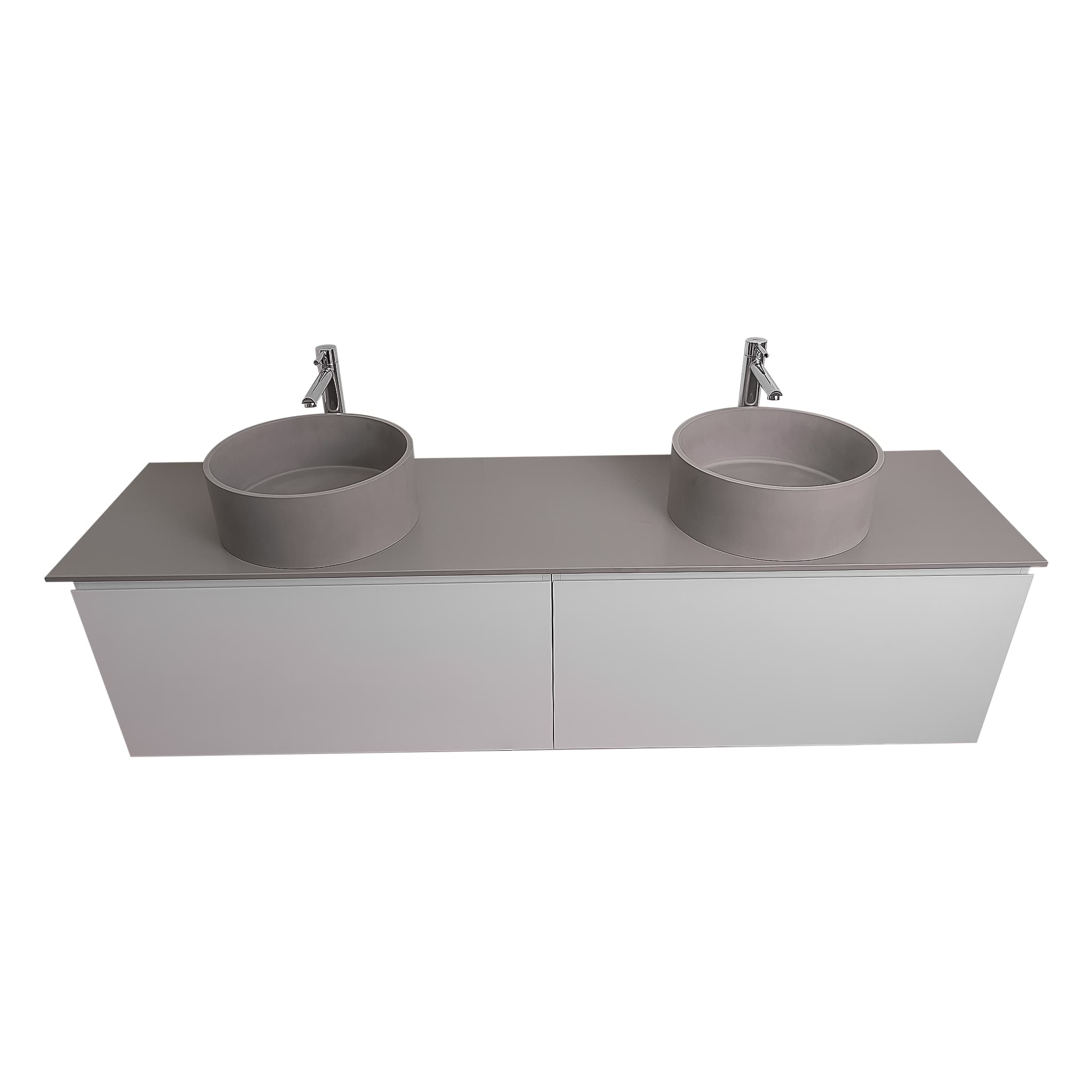 Venice 72 White High Gloss Cabinet, Solid Surface Flat Grey Counter And Two Round Solid Surface Grey Basin 1386, Wall Mounted Modern Vanity Set