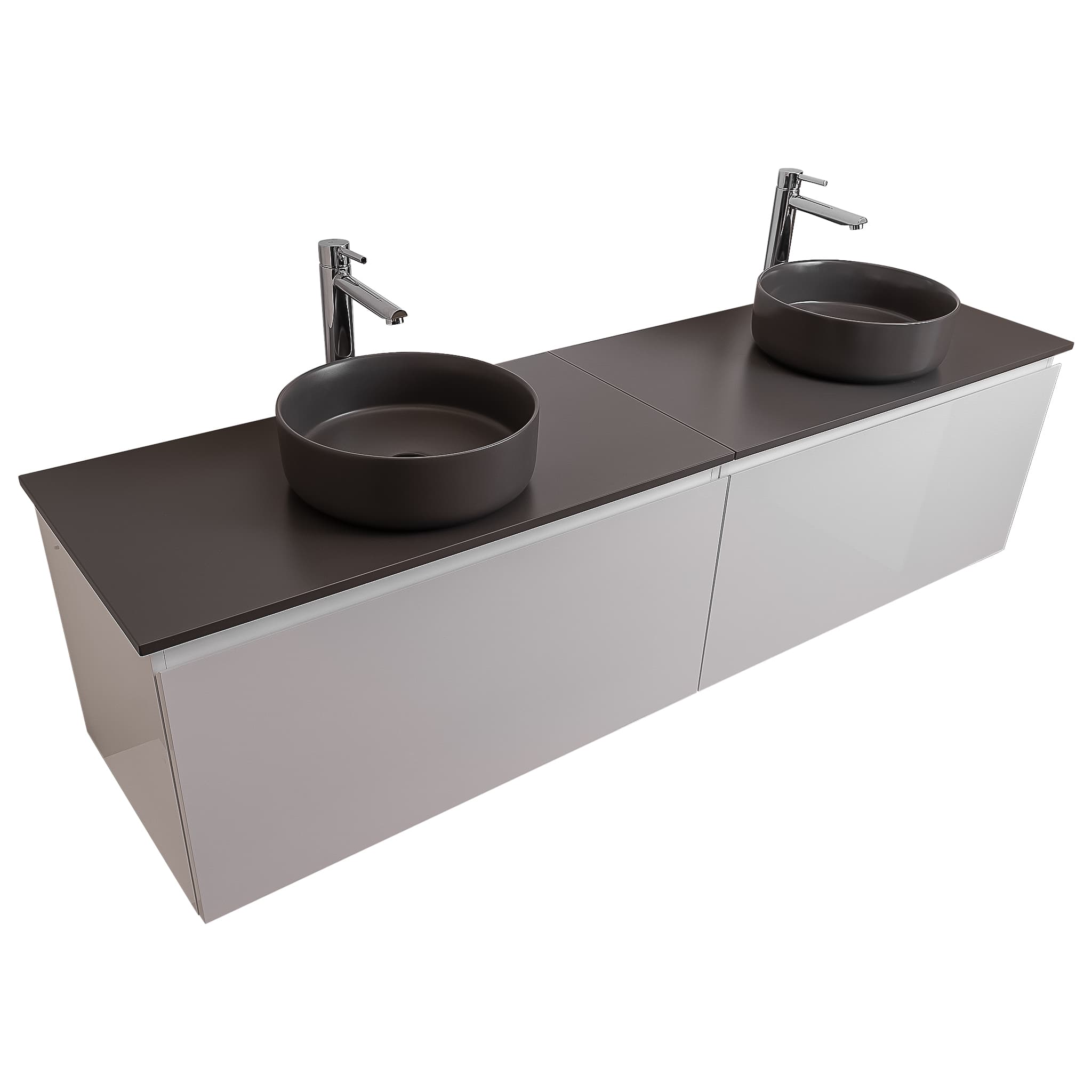 Venice 72 White High Gloss Cabinet, Ares Grey Ceniza Top And Two Ares Grey Ceniza Ceramic Basin, Wall Mounted Modern Vanity Set