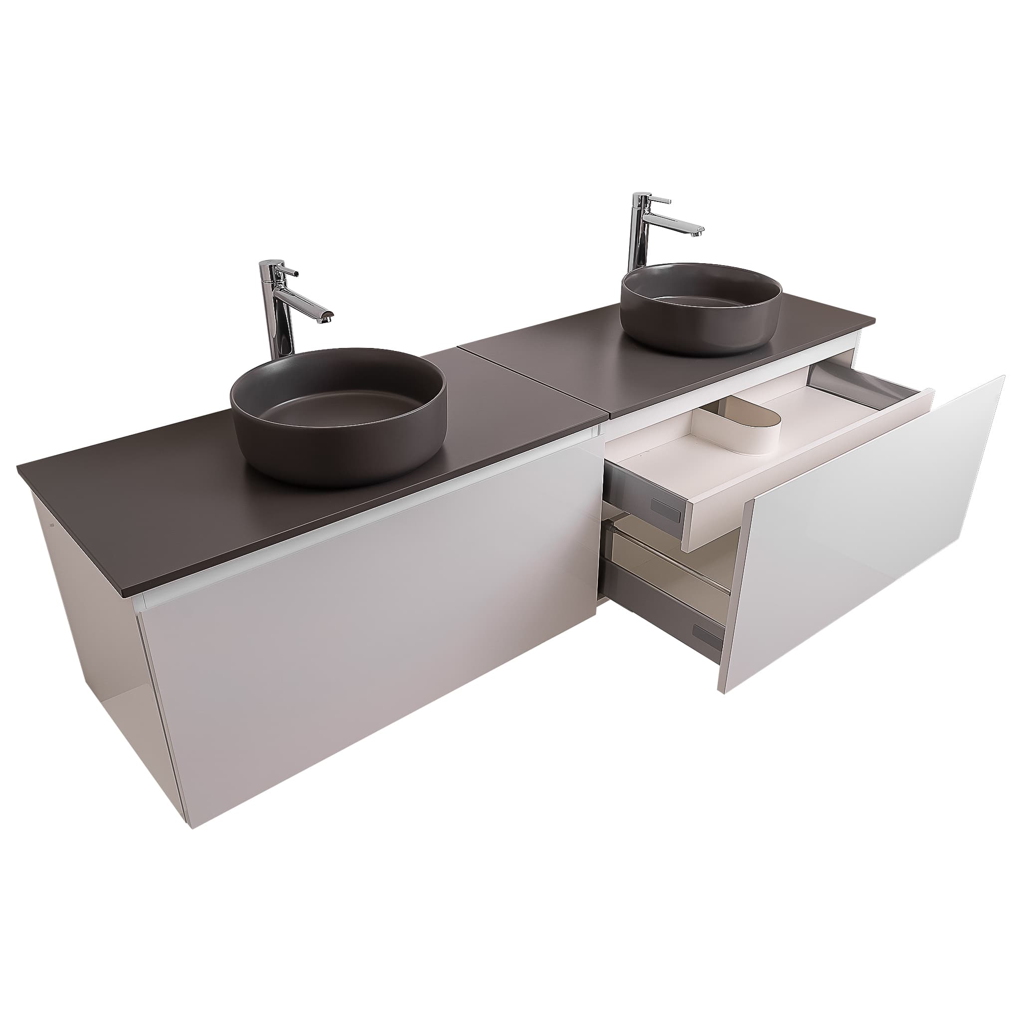 Venice 72 White High Gloss Cabinet, Ares Grey Ceniza Top And Two Ares Grey Ceniza Ceramic Basin, Wall Mounted Modern Vanity Set