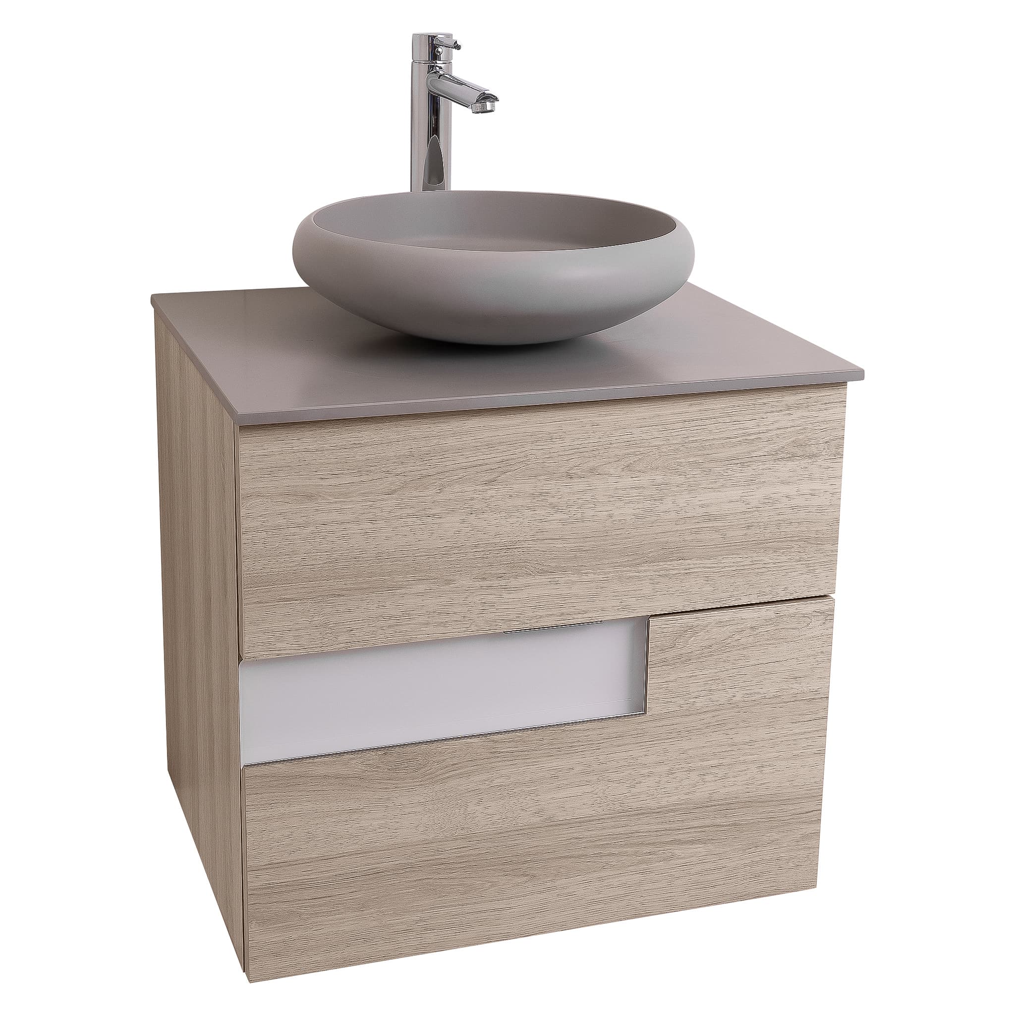 Vision 23.5 Natural Light Wood Cabinet, Solid Surface Flat Grey Counter And Round Solid Surface Grey Basin 1153, Wall Mounted Modern Vanity Set