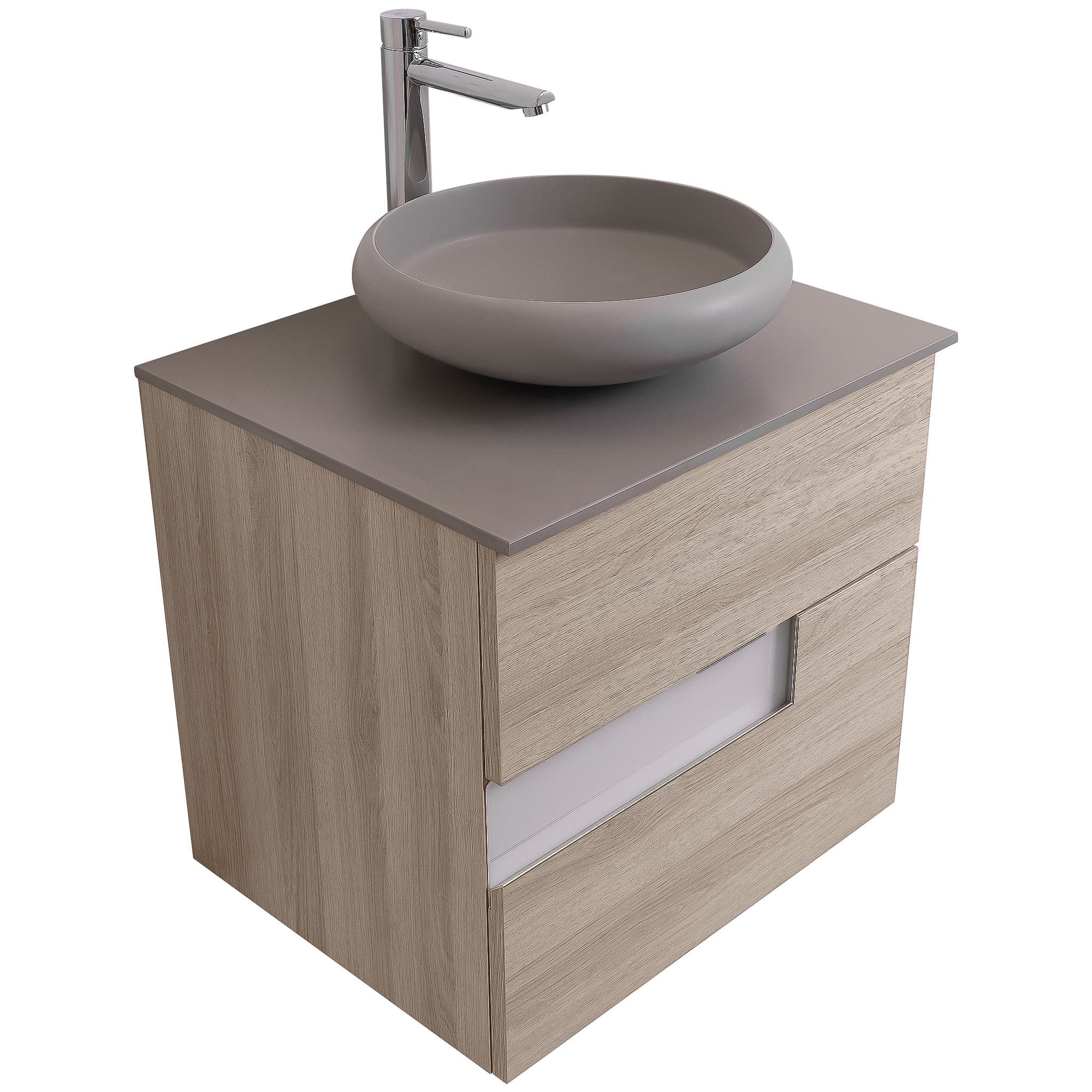 Vision 23.5 Natural Light Wood Cabinet, Solid Surface Flat Grey Counter And Round Solid Surface Grey Basin 1153, Wall Mounted Modern Vanity Set