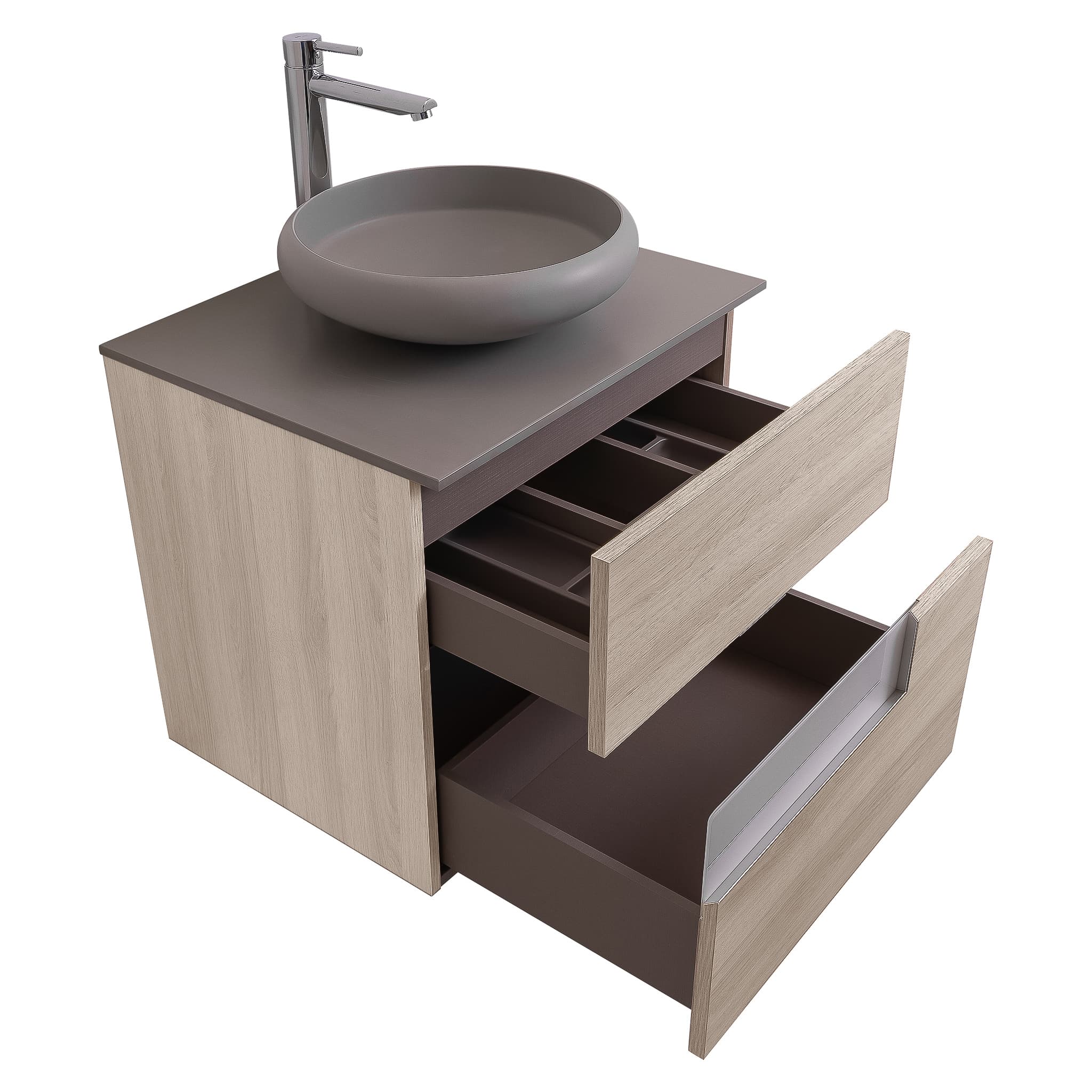 Vision 23.5 Natural Light Wood Cabinet, Solid Surface Flat Grey Counter And Round Solid Surface Grey Basin 1153, Wall Mounted Modern Vanity Set