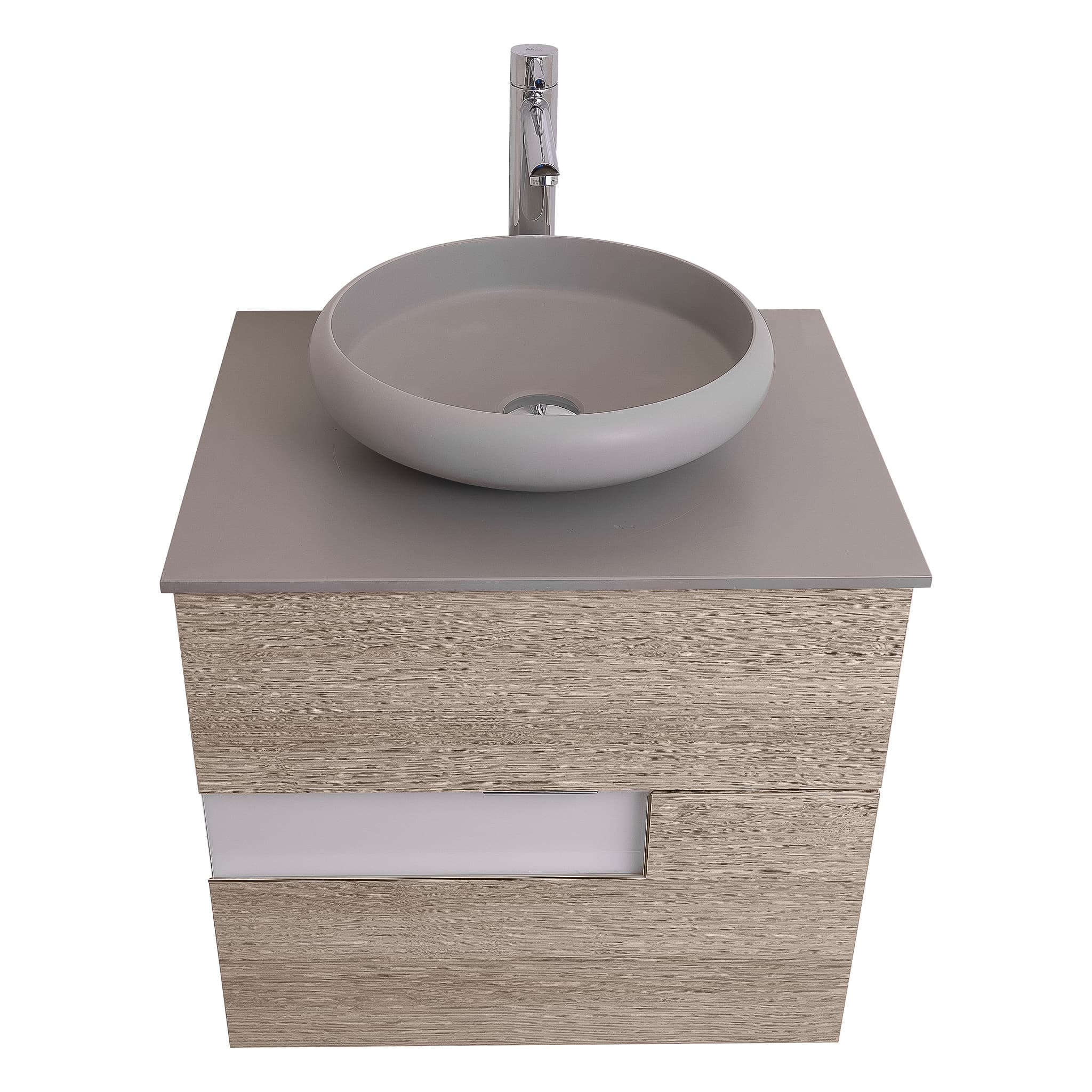 Vision 23.5 Natural Light Wood Cabinet, Solid Surface Flat Grey Counter And Round Solid Surface Grey Basin 1153, Wall Mounted Modern Vanity Set