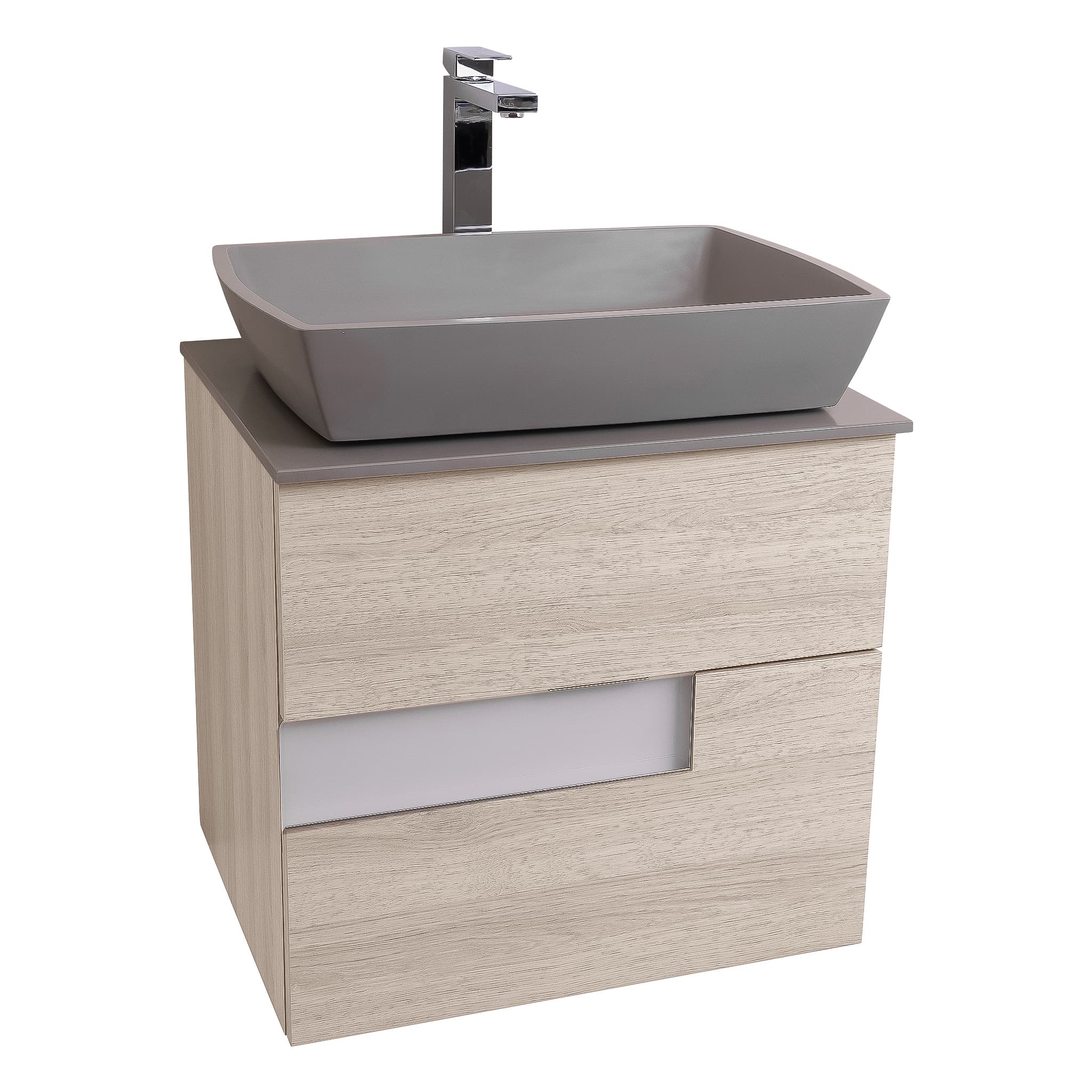 Vision 23.5 Natural Light Wood Cabinet, Solid Surface Flat Grey Counter And Square Solid Surface Grey Basin 1316, Wall Mounted Modern Vanity Set