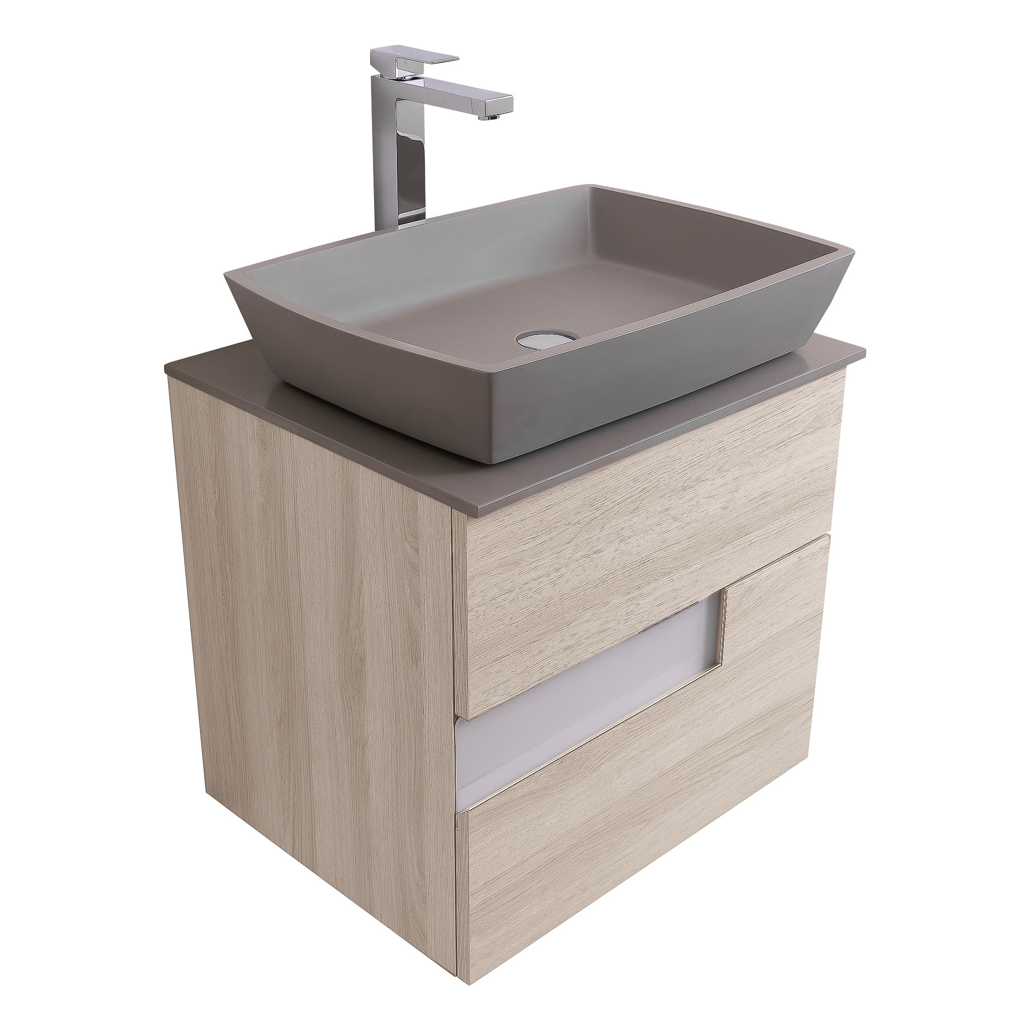 Vision 23.5 Natural Light Wood Cabinet, Solid Surface Flat Grey Counter And Square Solid Surface Grey Basin 1316, Wall Mounted Modern Vanity Set