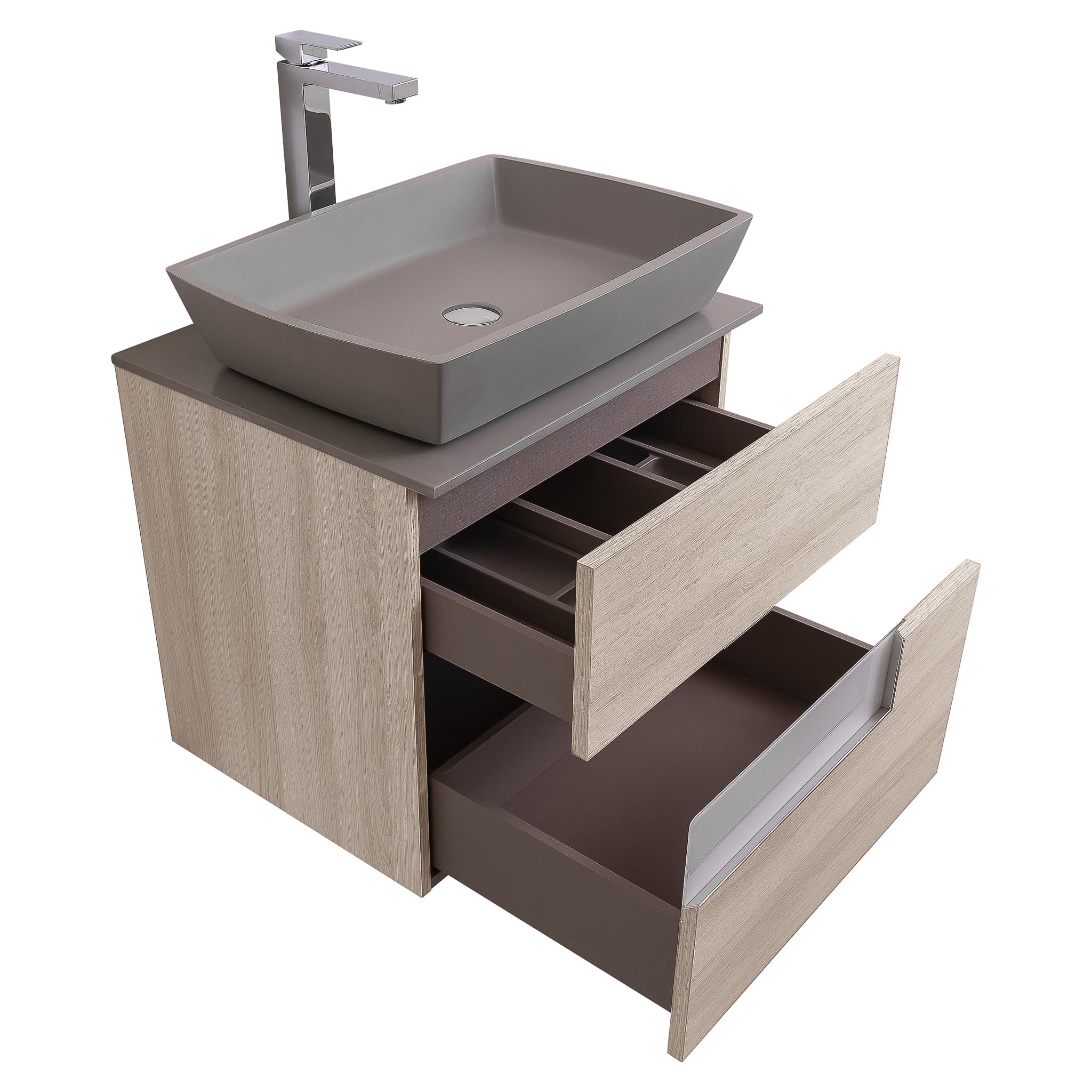 Vision 23.5 Natural Light Wood Cabinet, Solid Surface Flat Grey Counter And Square Solid Surface Grey Basin 1316, Wall Mounted Modern Vanity Set