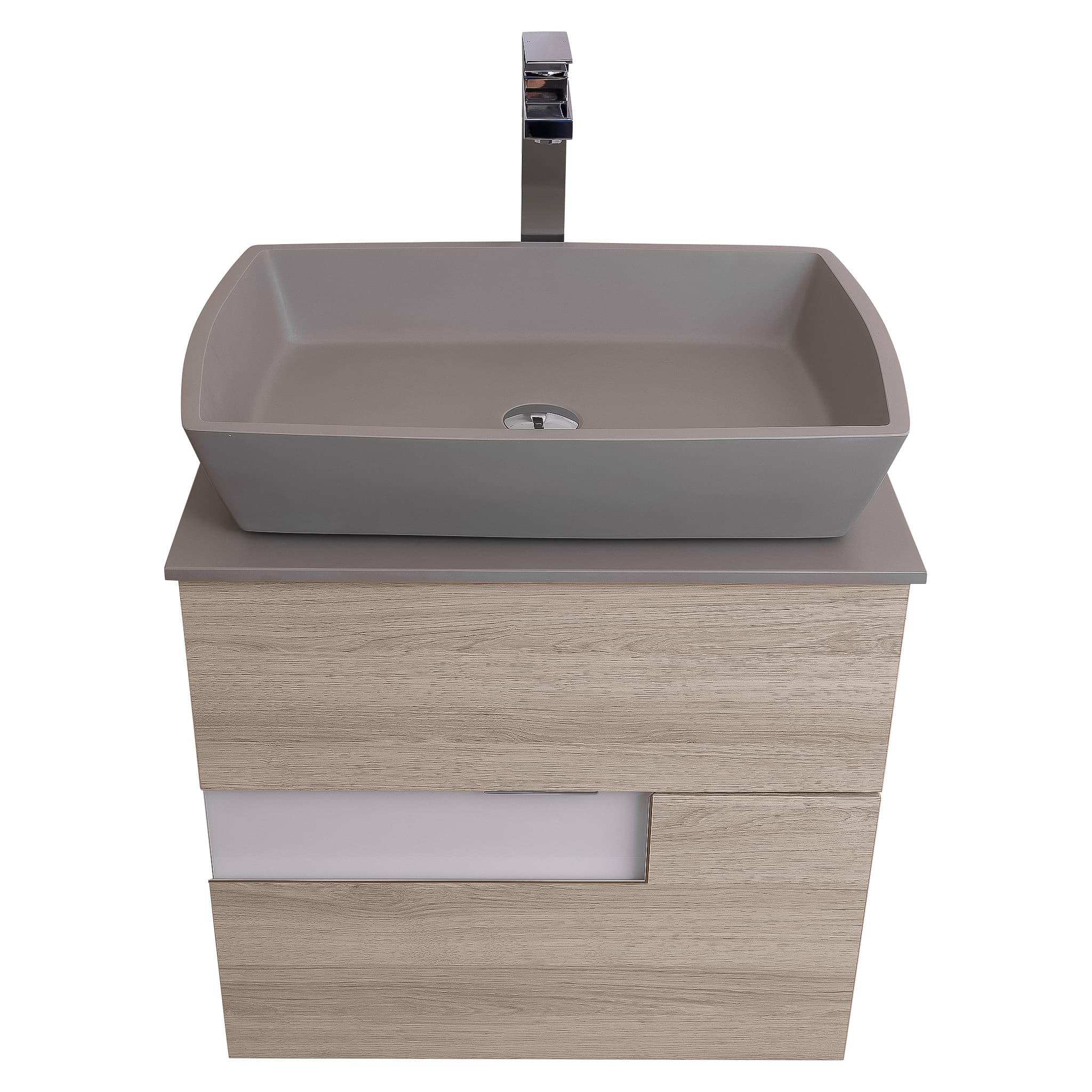 Vision 23.5 Natural Light Wood Cabinet, Solid Surface Flat Grey Counter And Square Solid Surface Grey Basin 1316, Wall Mounted Modern Vanity Set