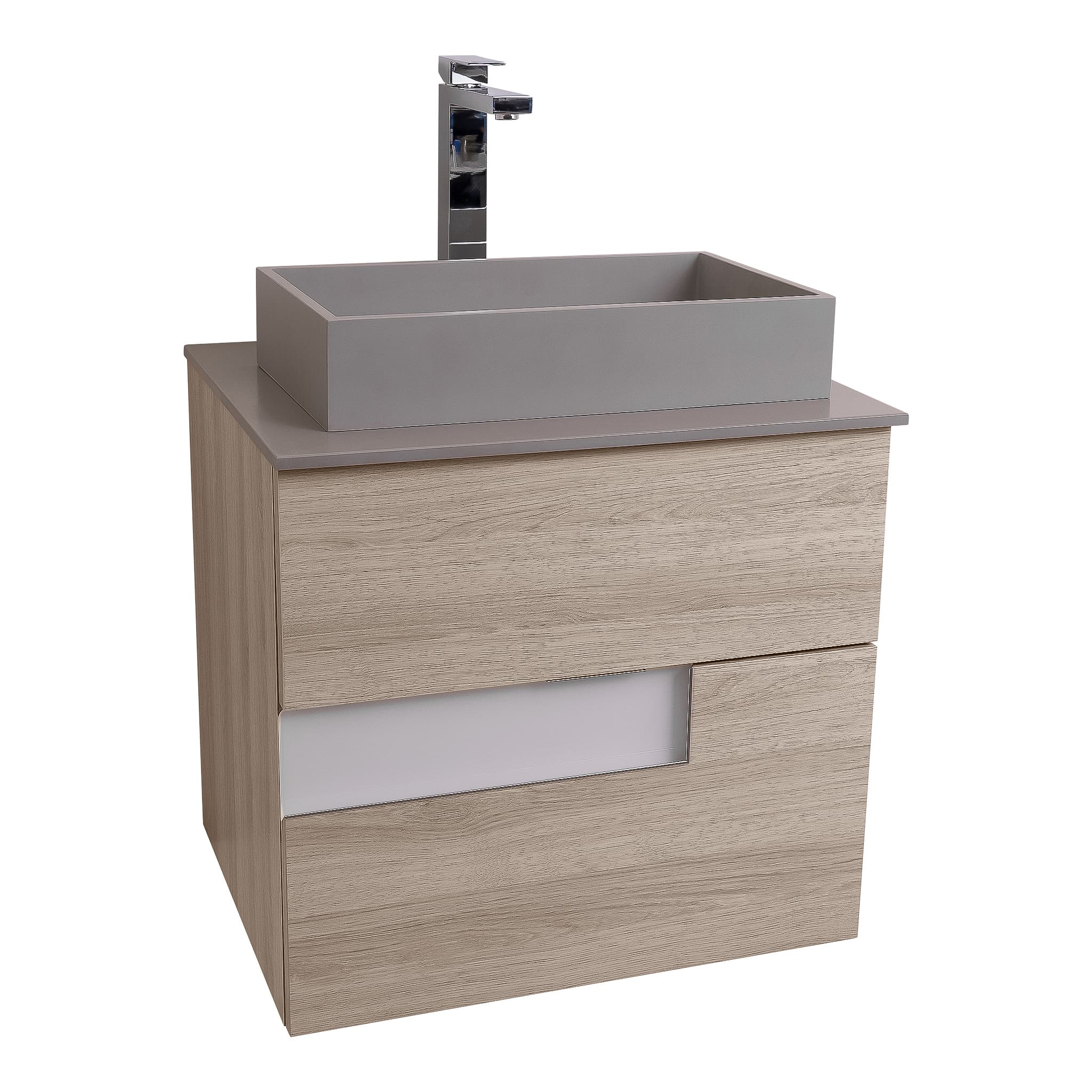 Vision 23.5 Natural Light Wood Cabinet, Solid Surface Flat Grey Counter And Infinity Square Solid Surface Grey Basin 1329, Wall Mounted Modern Vanity Set