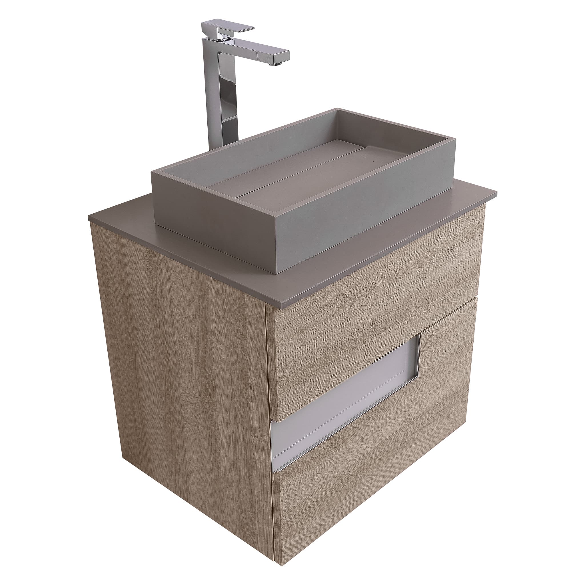 Vision 23.5 Natural Light Wood Cabinet, Solid Surface Flat Grey Counter And Infinity Square Solid Surface Grey Basin 1329, Wall Mounted Modern Vanity Set