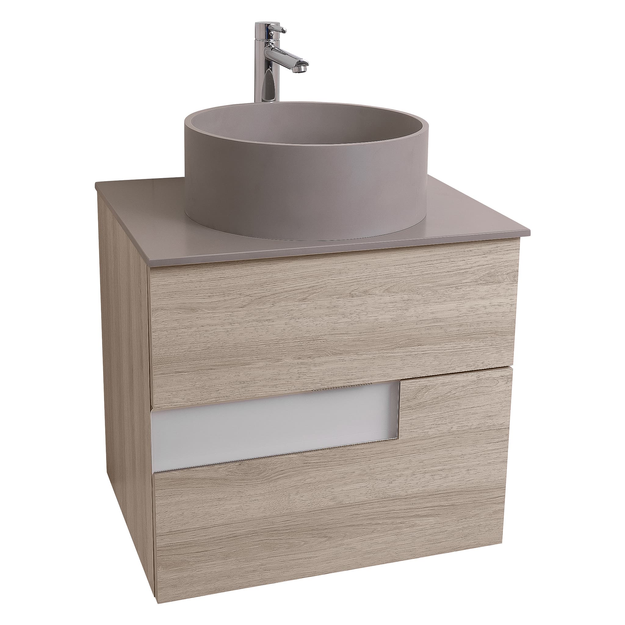 Vision 23.5 Natural Light Wood Cabinet, Solid Surface Flat Grey Counter And Round Solid Surface Grey Basin 1386, Wall Mounted Modern Vanity Set