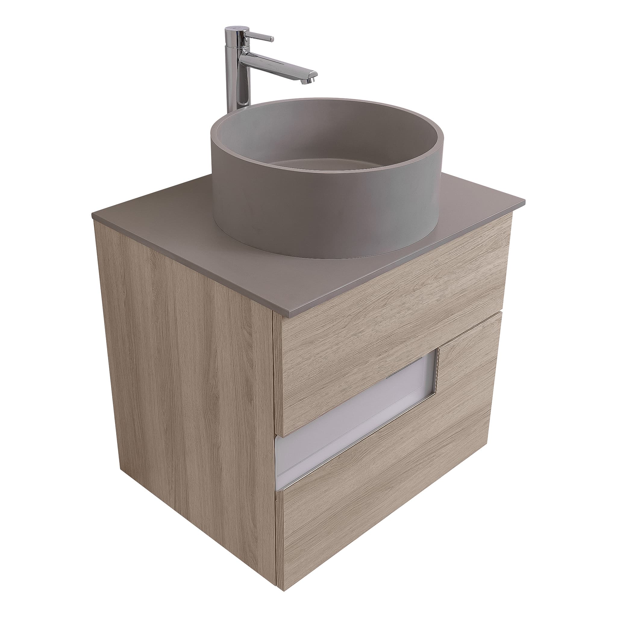 Vision 23.5 Natural Light Wood Cabinet, Solid Surface Flat Grey Counter And Round Solid Surface Grey Basin 1386, Wall Mounted Modern Vanity Set