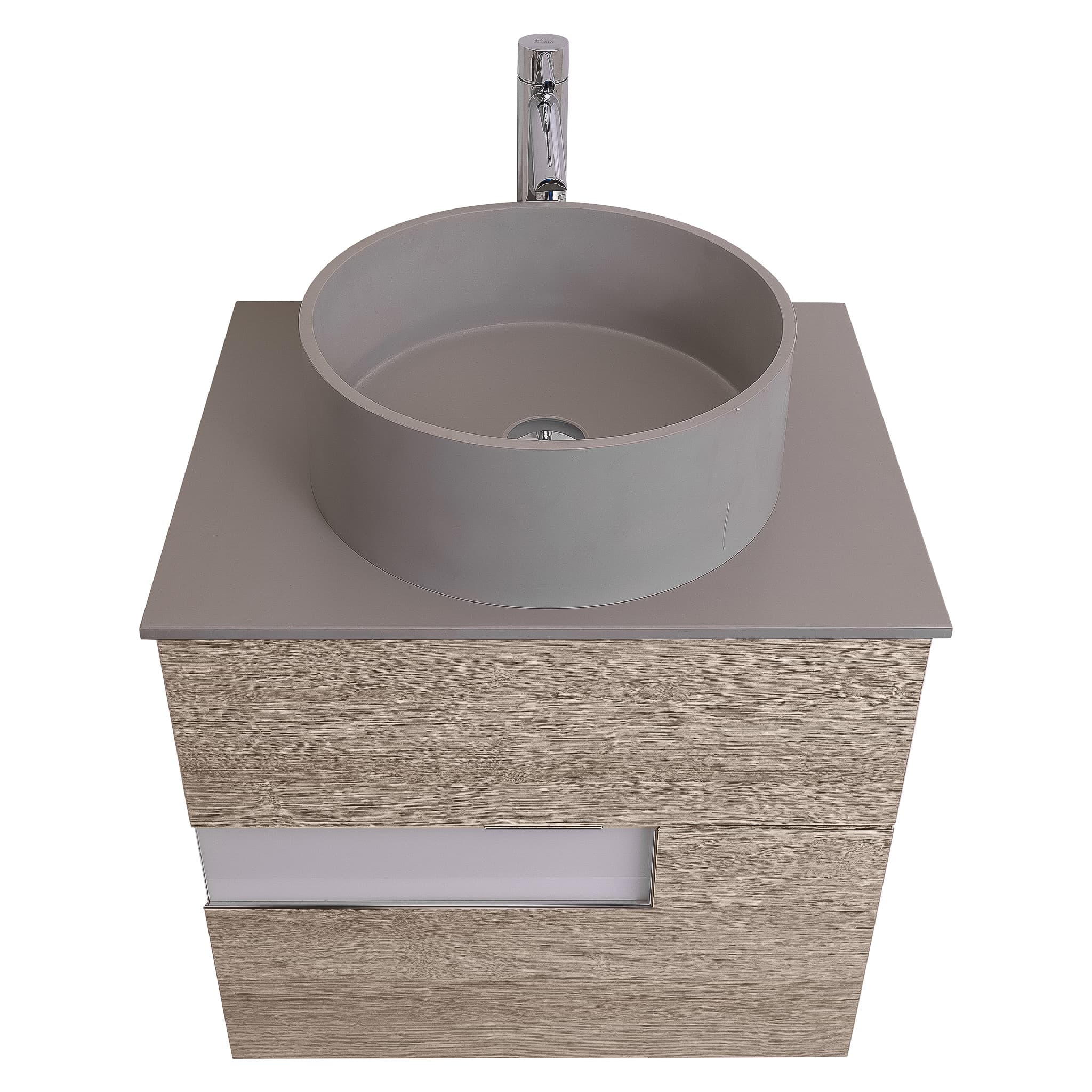 Vision 23.5 Natural Light Wood Cabinet, Solid Surface Flat Grey Counter And Round Solid Surface Grey Basin 1386, Wall Mounted Modern Vanity Set