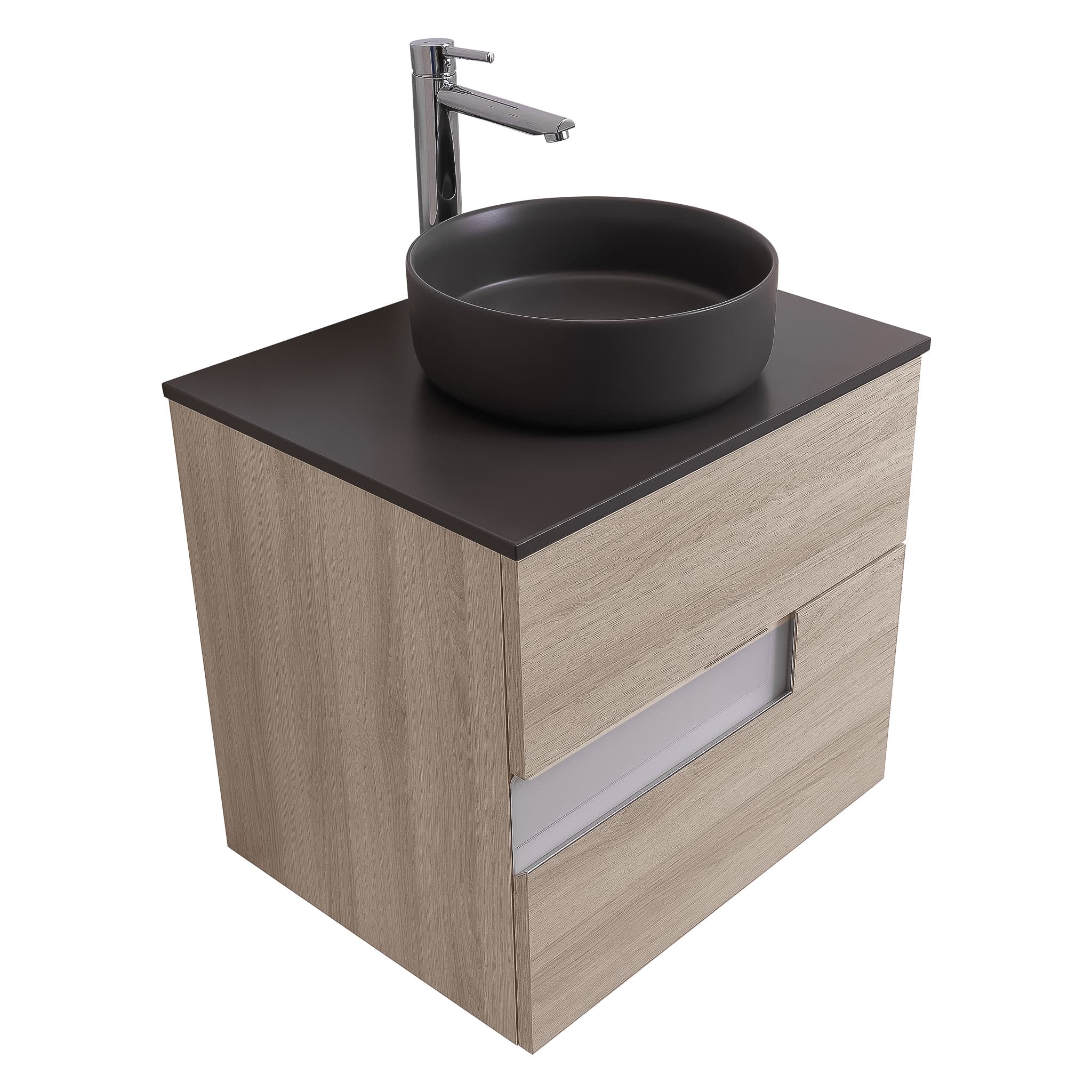 Vision 23.5 Natural Light Wood Cabinet, Ares Grey Ceniza Top And Ares Grey Ceniza Ceramic Basin, Wall Mounted Modern Vanity Set