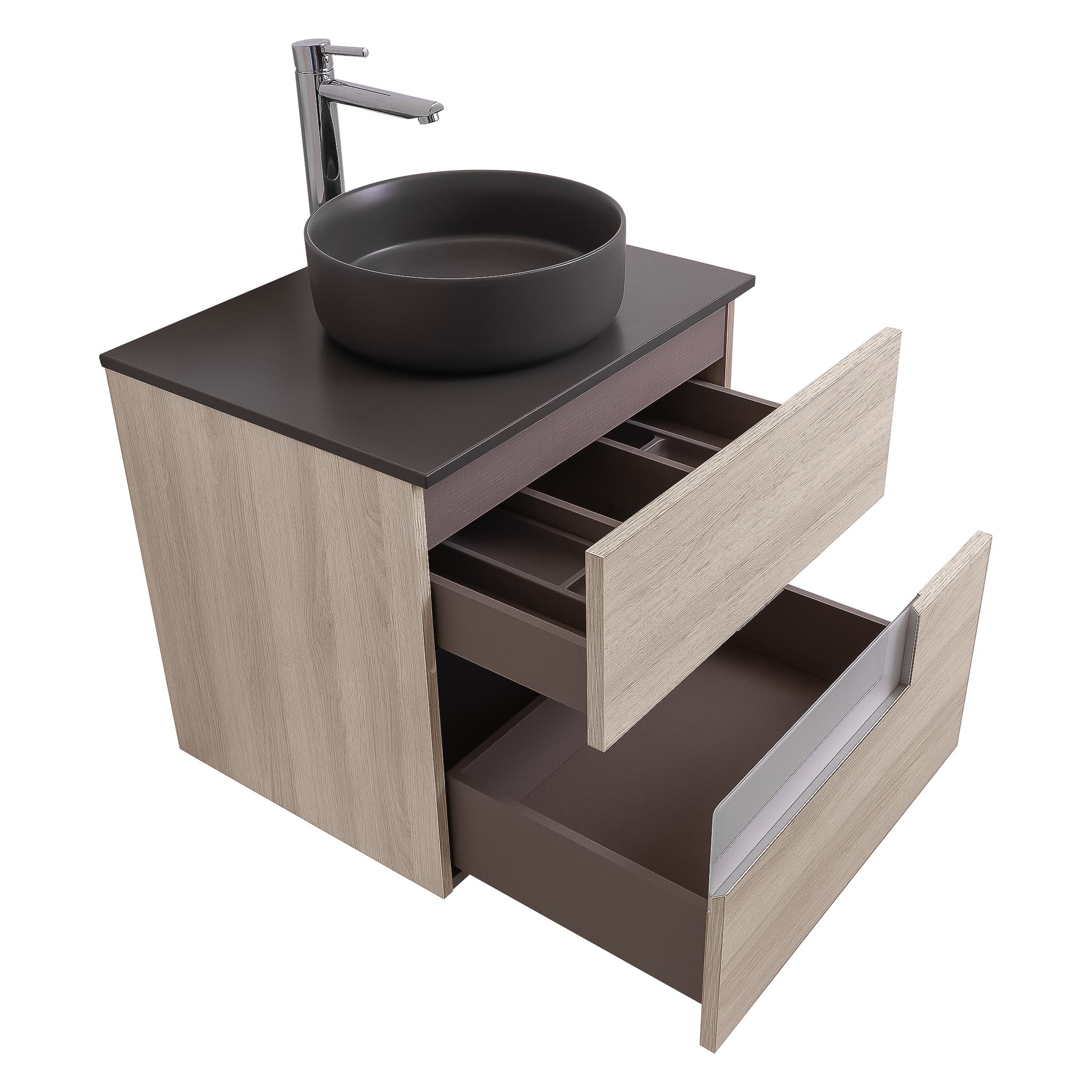 Vision 23.5 Natural Light Wood Cabinet, Ares Grey Ceniza Top And Ares Grey Ceniza Ceramic Basin, Wall Mounted Modern Vanity Set