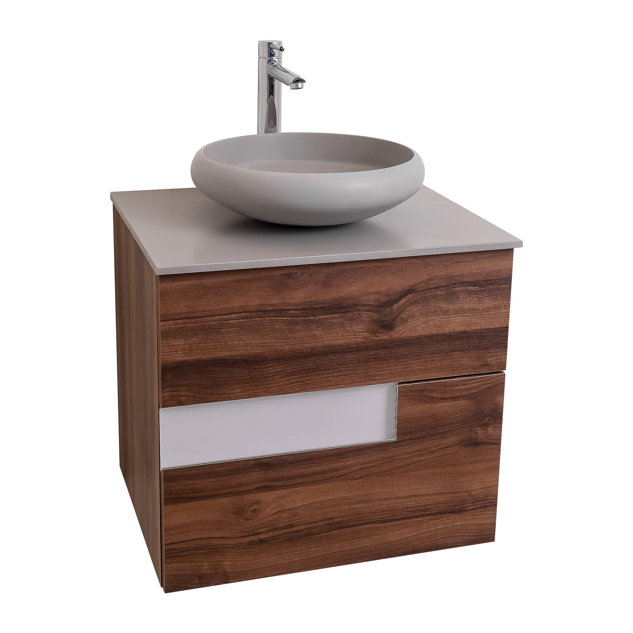 Vision 23.5 Valenti Medium Brown Wood Cabinet, Solid Surface Flat Grey Counter And Round Solid Surface Grey Basin 1153, Wall Mounted Modern Vanity Set