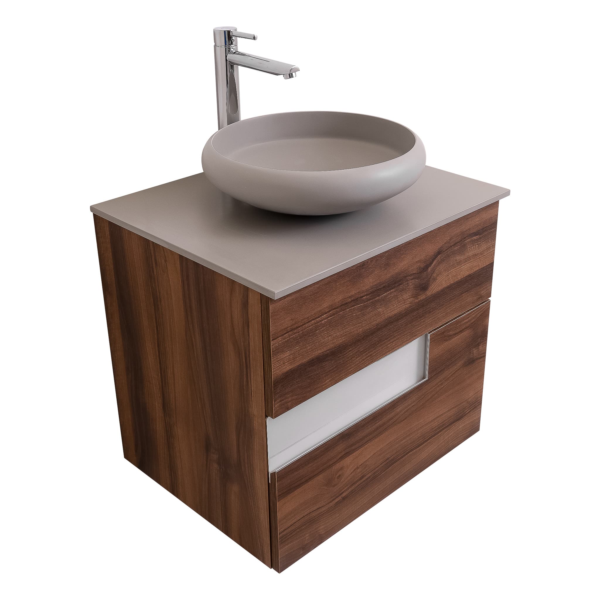 Vision 23.5 Valenti Medium Brown Wood Cabinet, Solid Surface Flat Grey Counter And Round Solid Surface Grey Basin 1153, Wall Mounted Modern Vanity Set