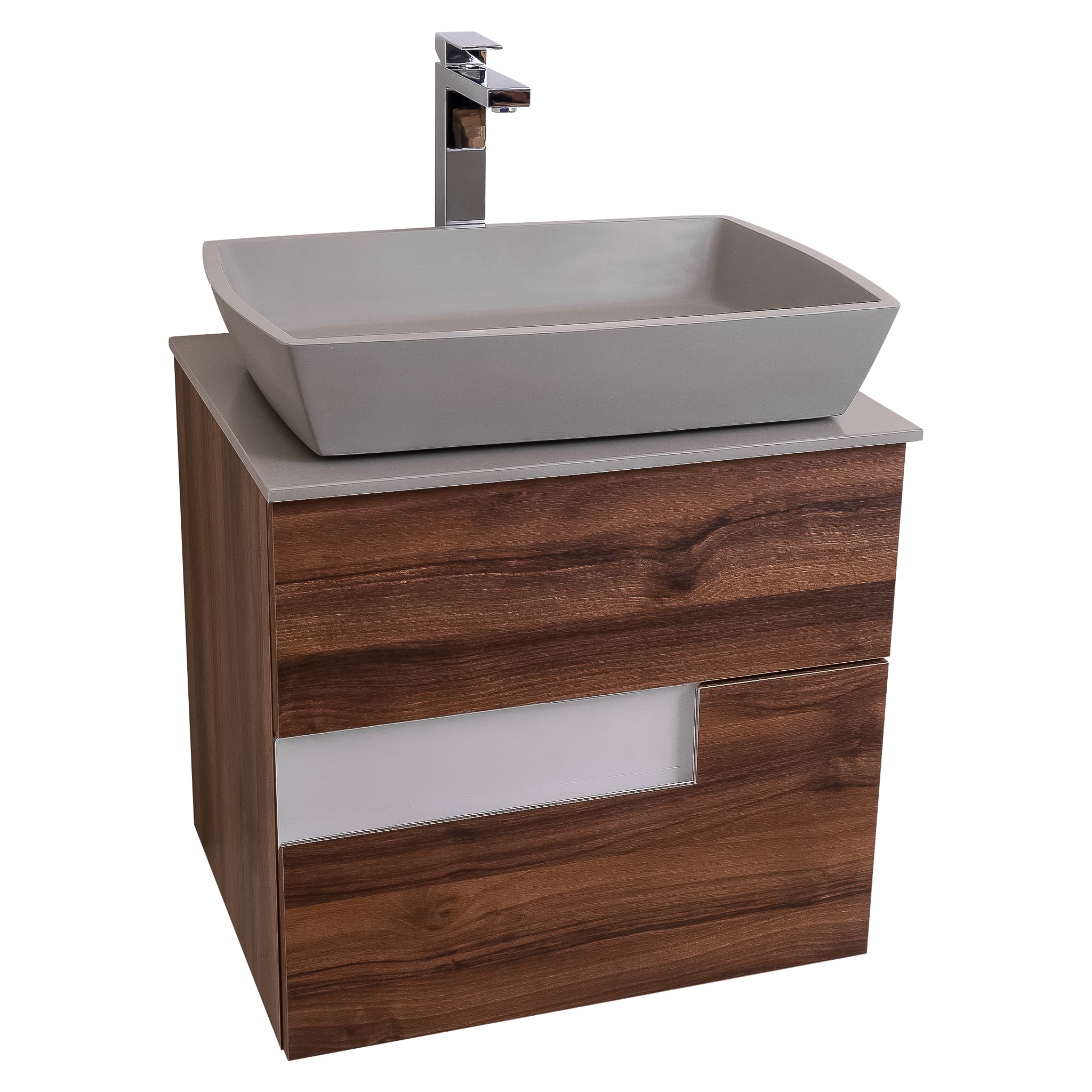 Vision 23.5 Valenti Medium Brown Wood Cabinet, Solid Surface Flat Grey Counter And Square Solid Surface Grey Basin 1316, Wall Mounted Modern Vanity Set