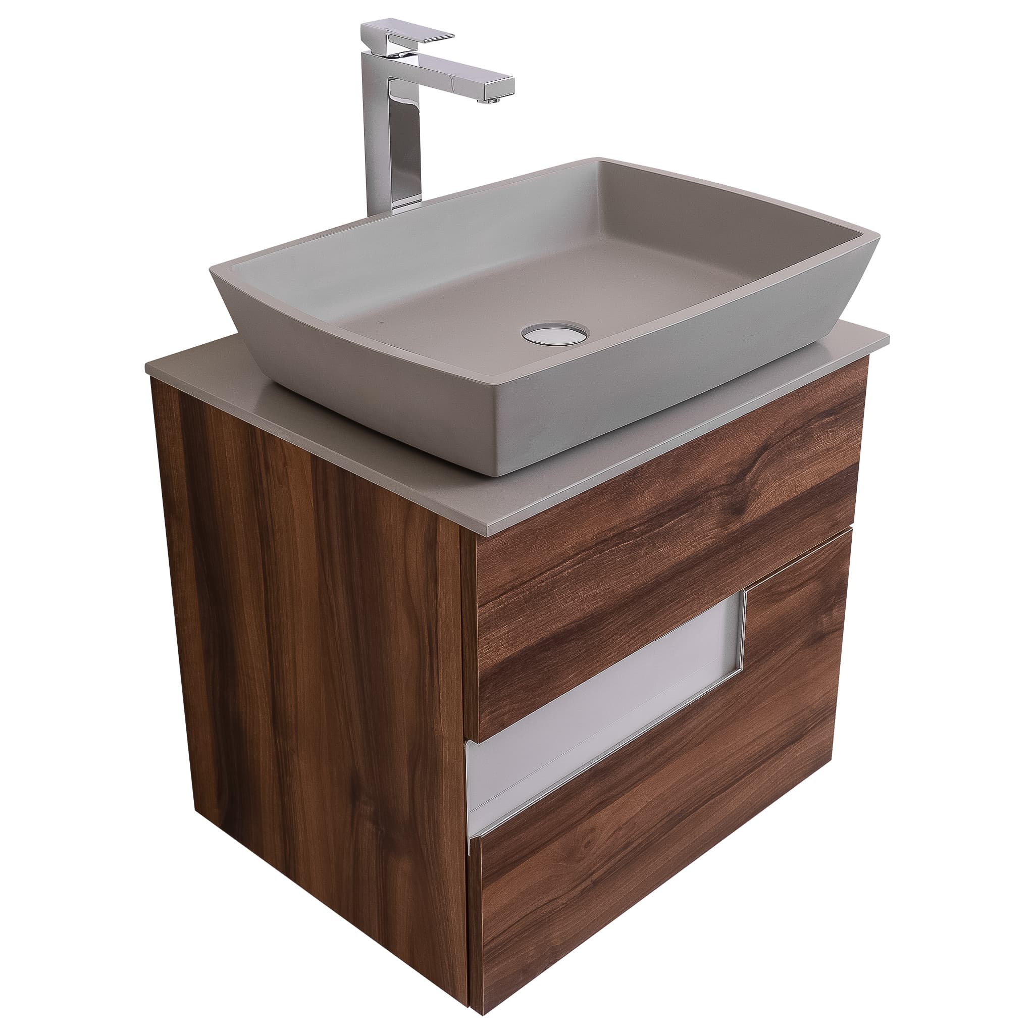 Vision 23.5 Valenti Medium Brown Wood Cabinet, Solid Surface Flat Grey Counter And Square Solid Surface Grey Basin 1316, Wall Mounted Modern Vanity Set