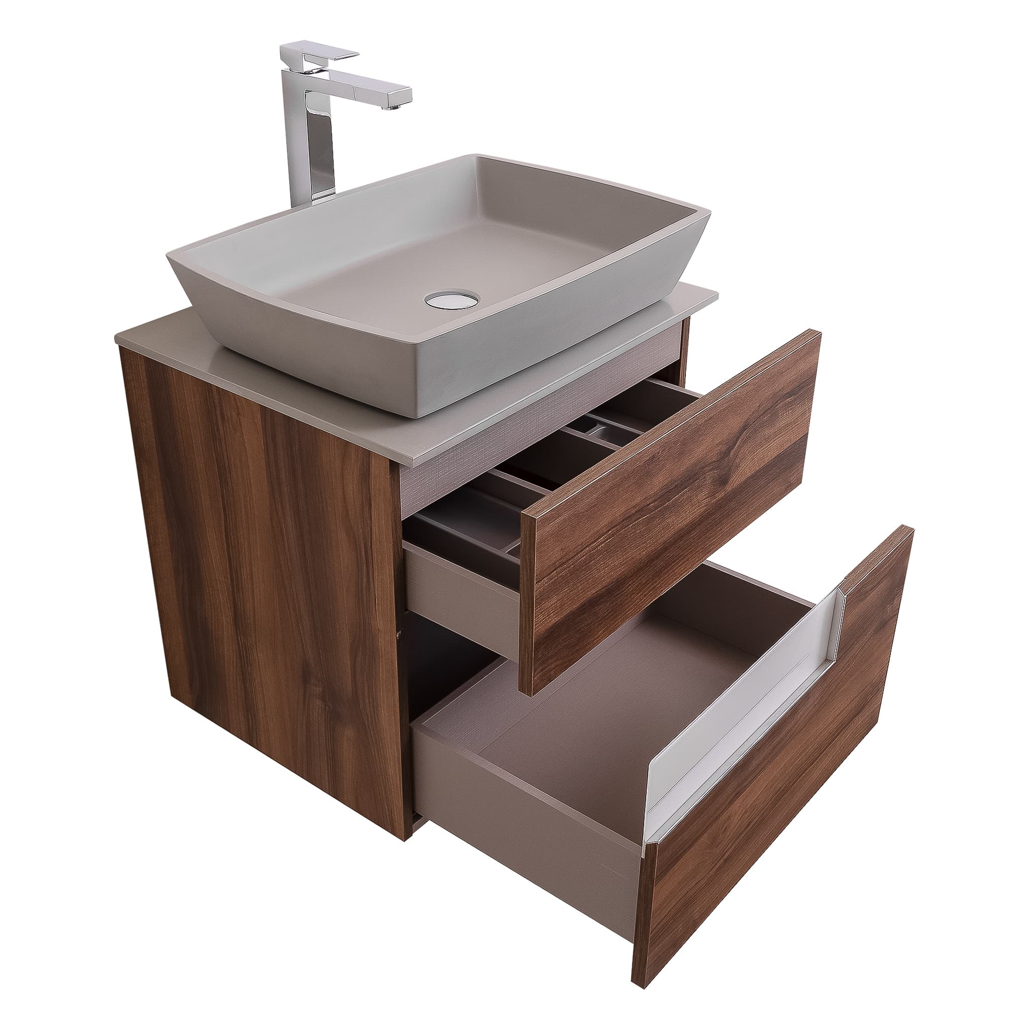 Vision 23.5 Valenti Medium Brown Wood Cabinet, Solid Surface Flat Grey Counter And Square Solid Surface Grey Basin 1316, Wall Mounted Modern Vanity Set