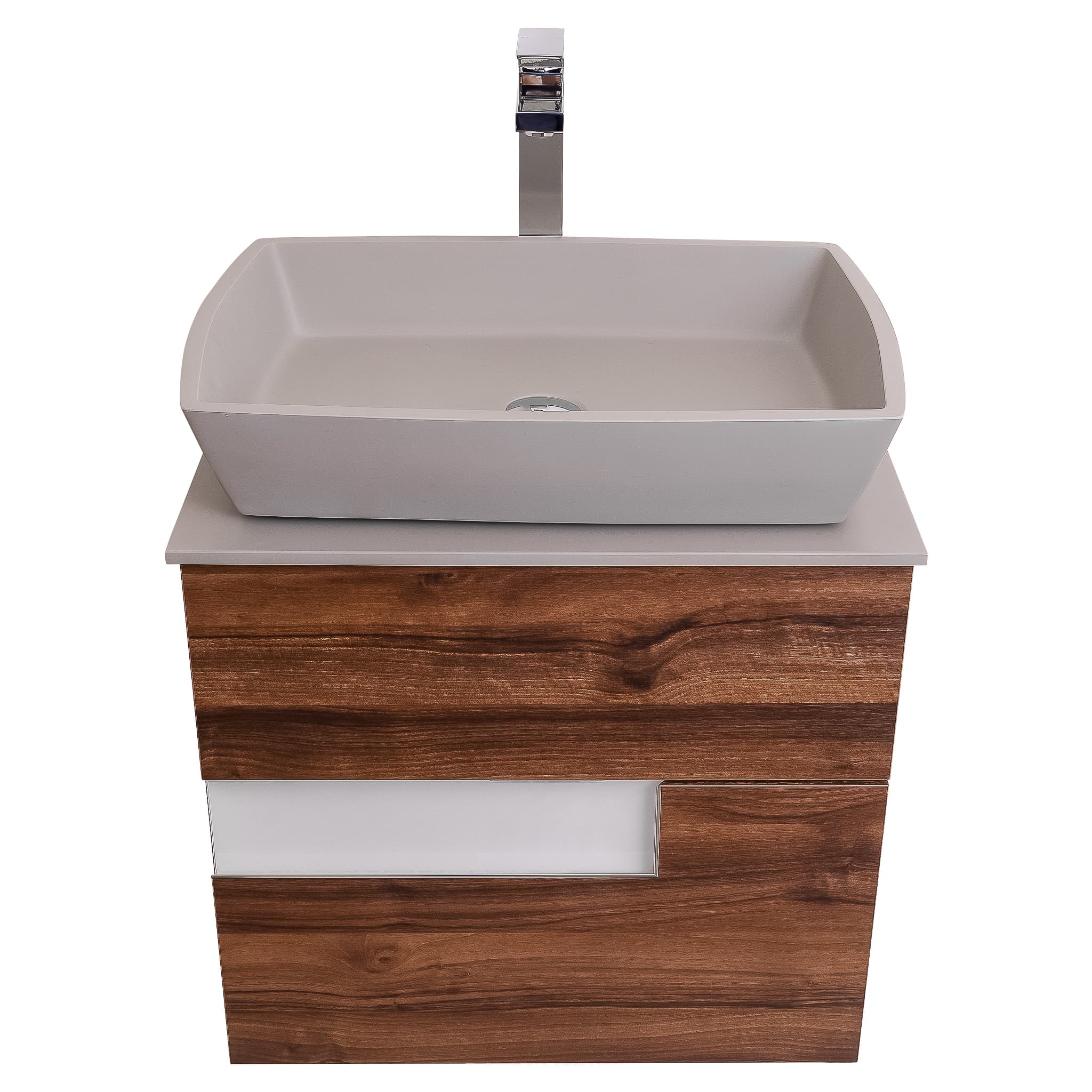 Vision 23.5 Valenti Medium Brown Wood Cabinet, Solid Surface Flat Grey Counter And Square Solid Surface Grey Basin 1316, Wall Mounted Modern Vanity Set