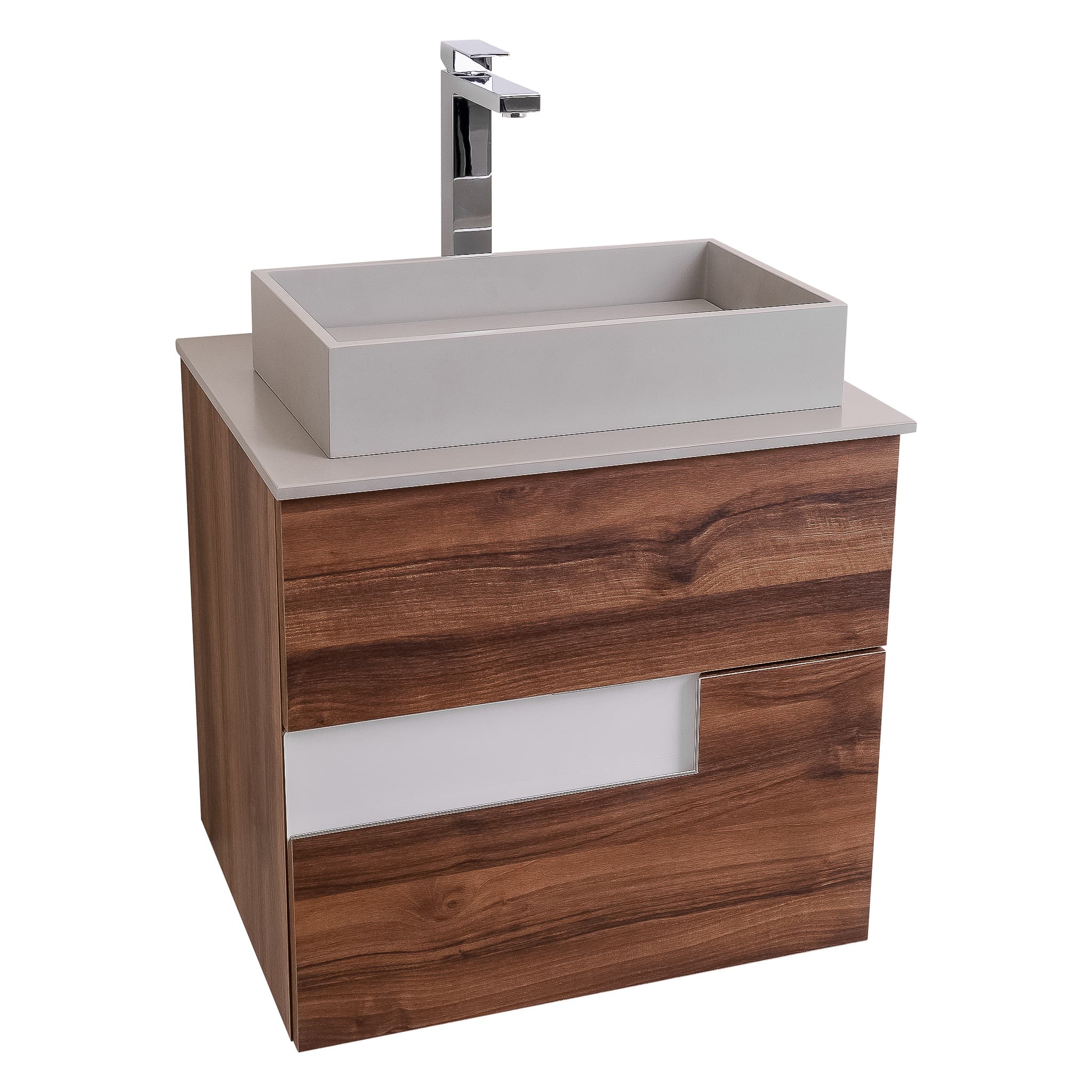 Vision 23.5 Valenti Medium Brown Wood Cabinet, Solid Surface Flat Grey Counter And Infinity Square Solid Surface Grey Basin 1329, Wall Mounted Modern Vanity Set