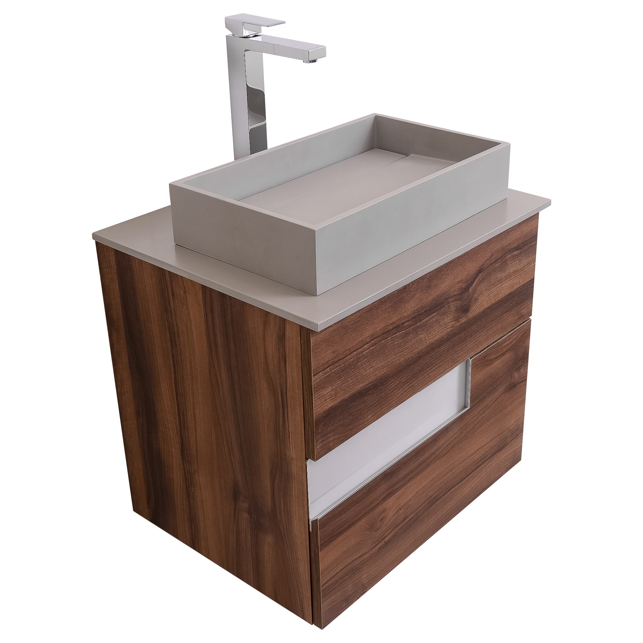 Vision 23.5 Valenti Medium Brown Wood Cabinet, Solid Surface Flat Grey Counter And Infinity Square Solid Surface Grey Basin 1329, Wall Mounted Modern Vanity Set