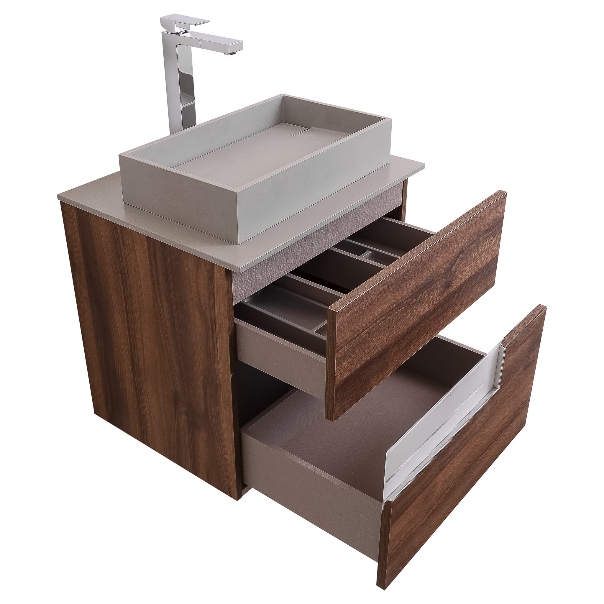 Vision 23.5 Valenti Medium Brown Wood Cabinet, Solid Surface Flat Grey Counter And Infinity Square Solid Surface Grey Basin 1329, Wall Mounted Modern Vanity Set