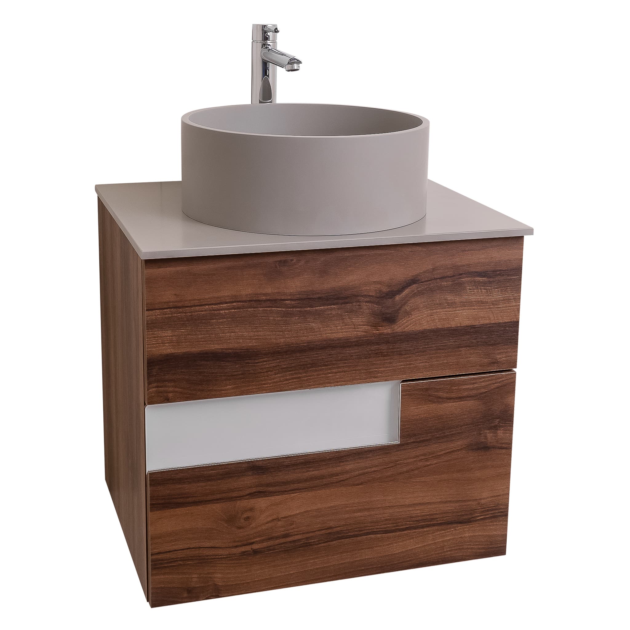 Vision 23.5 Valenti Medium Brown Wood Cabinet, Solid Surface Flat Grey Counter And Round Solid Surface Grey Basin 1386, Wall Mounted Modern Vanity Set