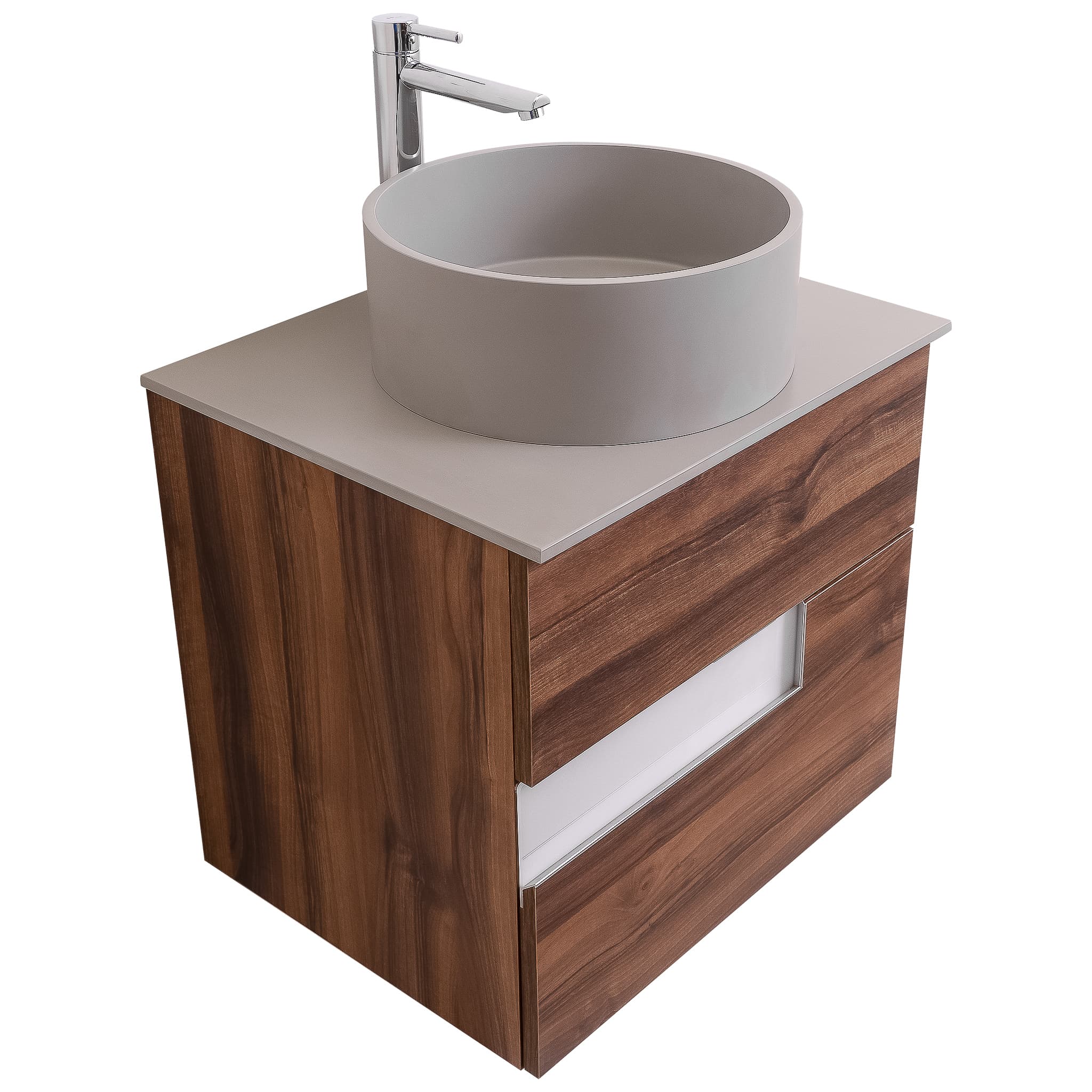 Vision 23.5 Valenti Medium Brown Wood Cabinet, Solid Surface Flat Grey Counter And Round Solid Surface Grey Basin 1386, Wall Mounted Modern Vanity Set