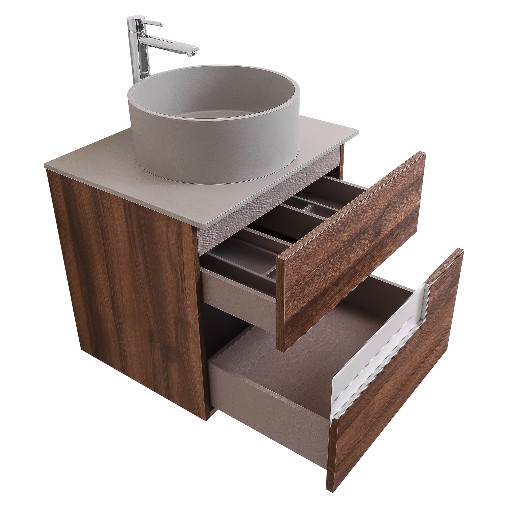 Vision 23.5 Valenti Medium Brown Wood Cabinet, Solid Surface Flat Grey Counter And Round Solid Surface Grey Basin 1386, Wall Mounted Modern Vanity Set