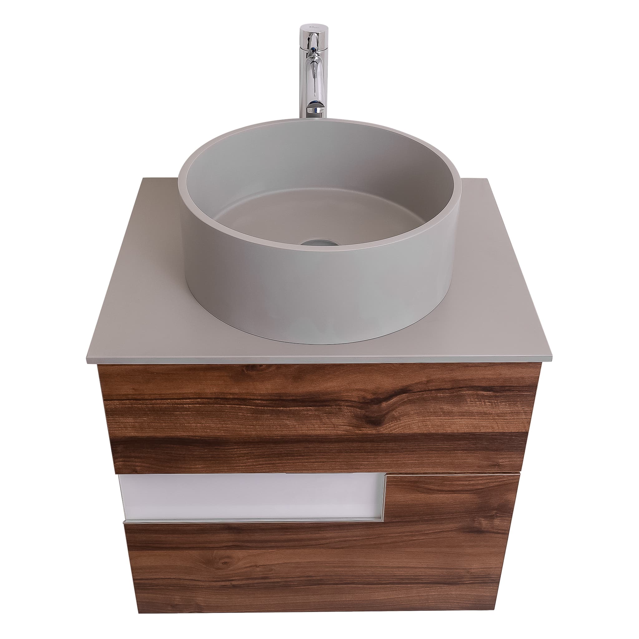 Vision 23.5 Valenti Medium Brown Wood Cabinet, Solid Surface Flat Grey Counter And Round Solid Surface Grey Basin 1386, Wall Mounted Modern Vanity Set