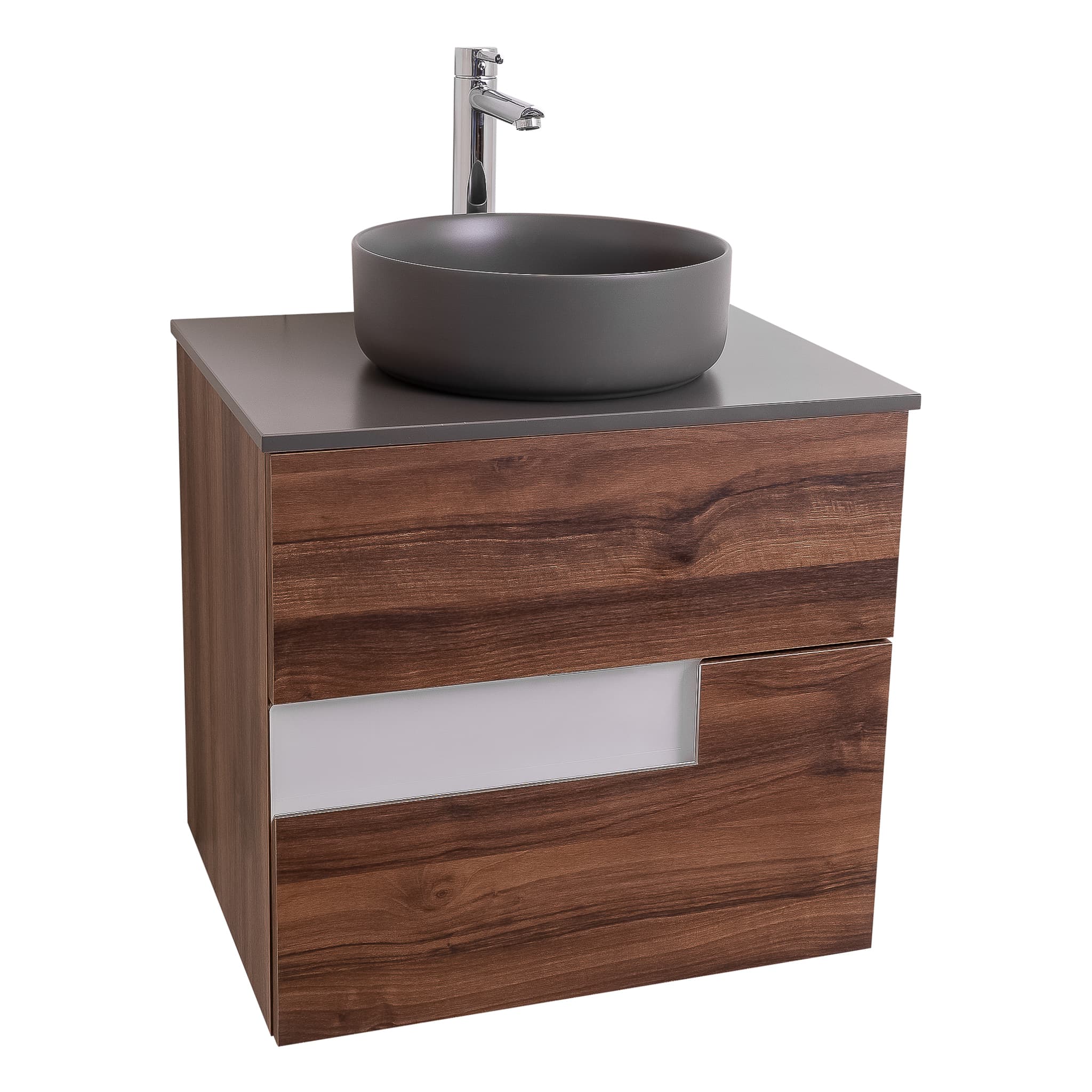 Vision 23.5 Valenti Medium Brown Wood Cabinet, Ares Grey Ceniza Top And Ares Grey Ceniza Ceramic Basin, Wall Mounted Modern Vanity Set