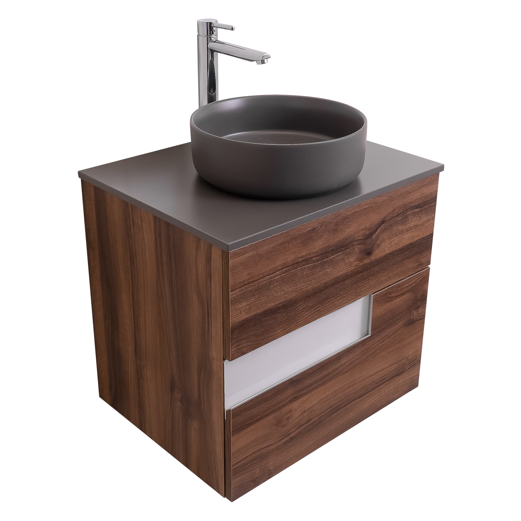 Vision 23.5 Valenti Medium Brown Wood Cabinet, Ares Grey Ceniza Top And Ares Grey Ceniza Ceramic Basin, Wall Mounted Modern Vanity Set