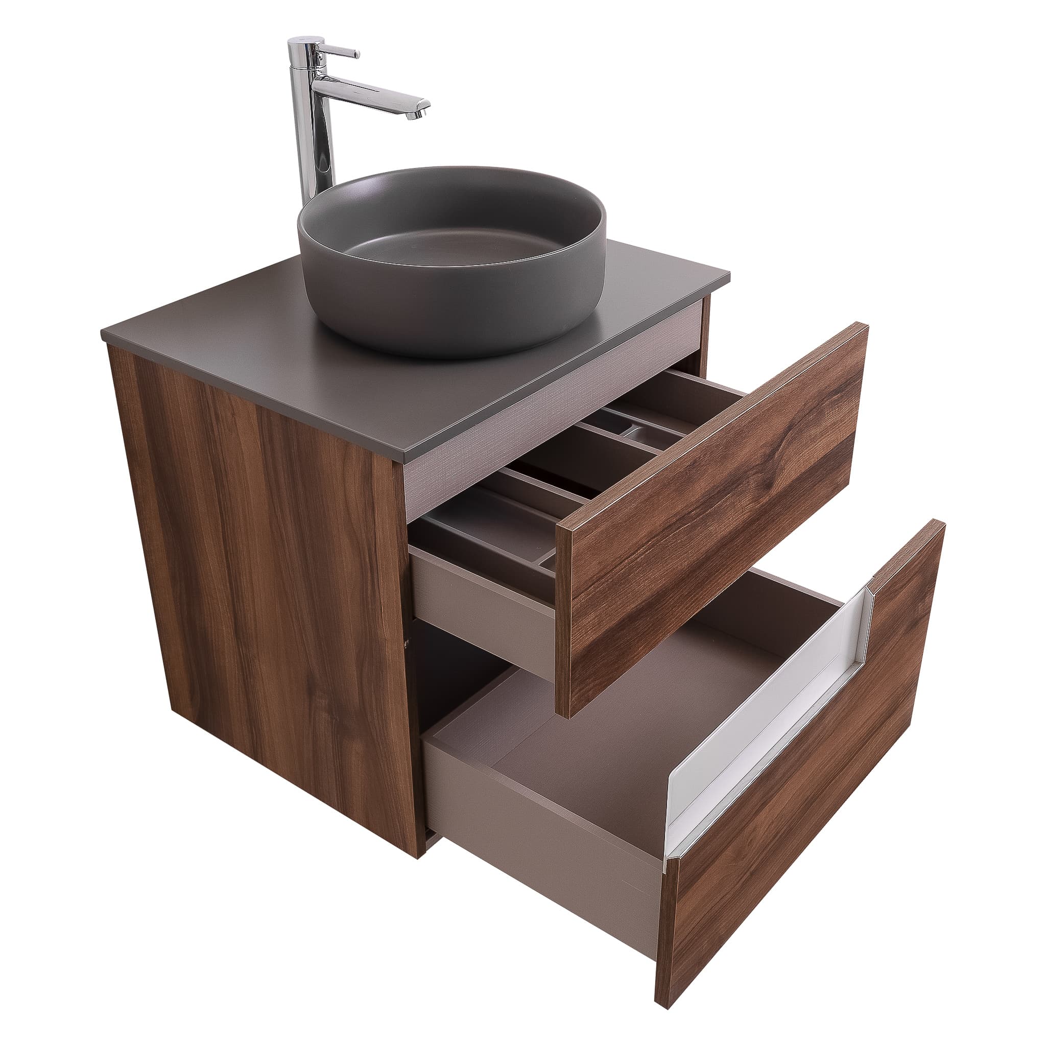 Vision 23.5 Valenti Medium Brown Wood Cabinet, Ares Grey Ceniza Top And Ares Grey Ceniza Ceramic Basin, Wall Mounted Modern Vanity Set