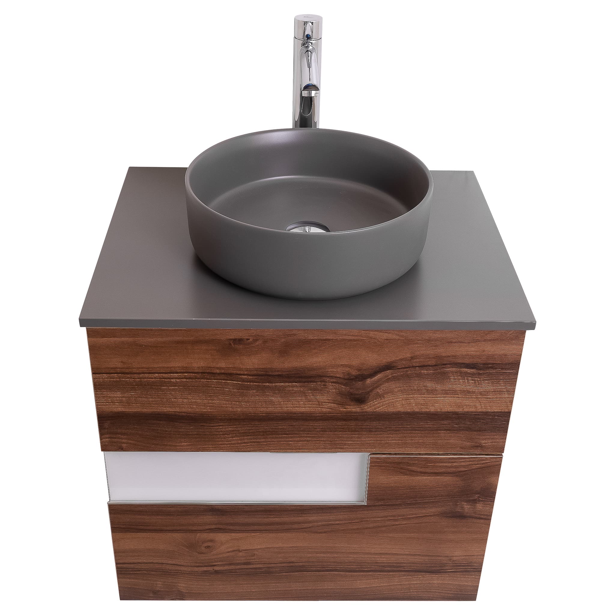 Vision 23.5 Valenti Medium Brown Wood Cabinet, Ares Grey Ceniza Top And Ares Grey Ceniza Ceramic Basin, Wall Mounted Modern Vanity Set