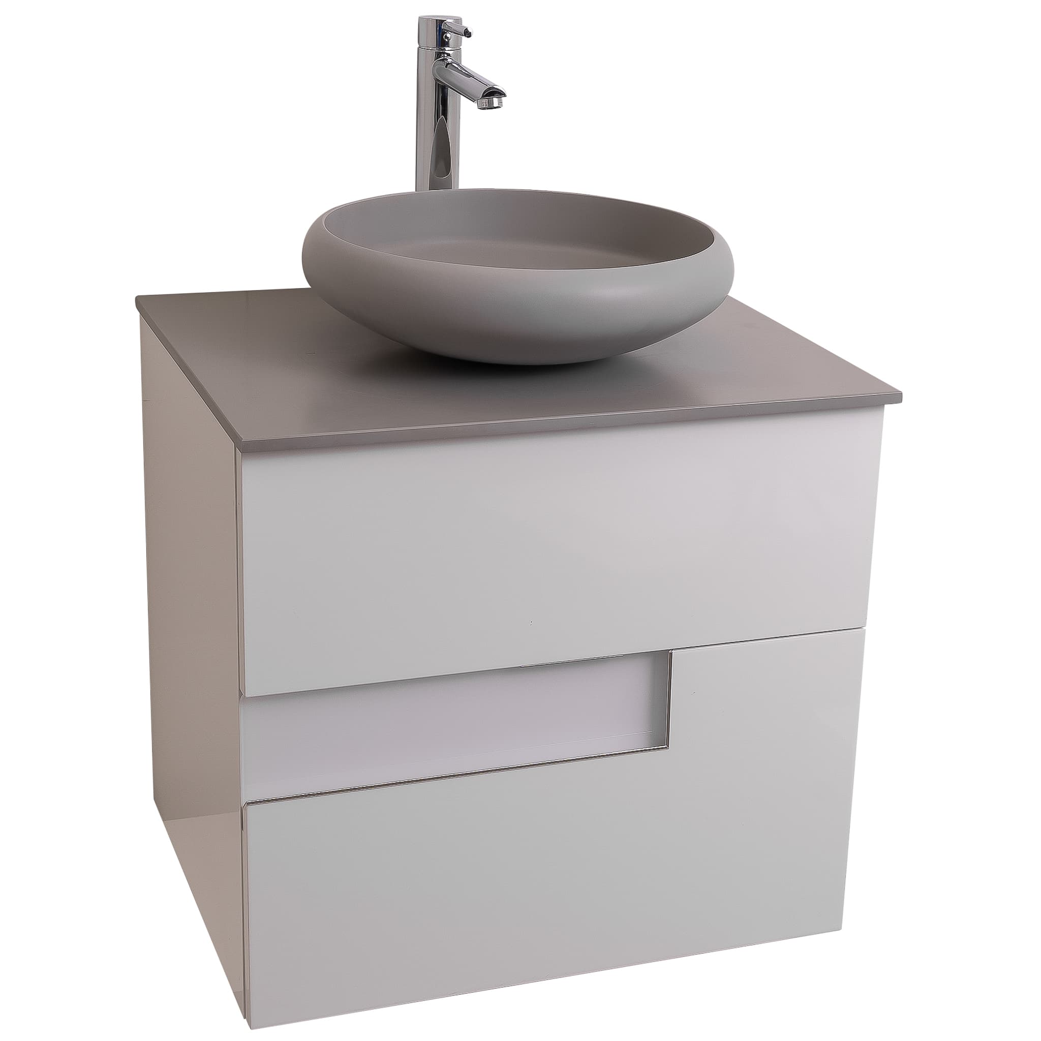 Vision 23.5 White High Gloss Cabinet, Solid Surface Flat Grey Counter And Round Solid Surface Grey Basin 1153, Wall Mounted Modern Vanity Set
