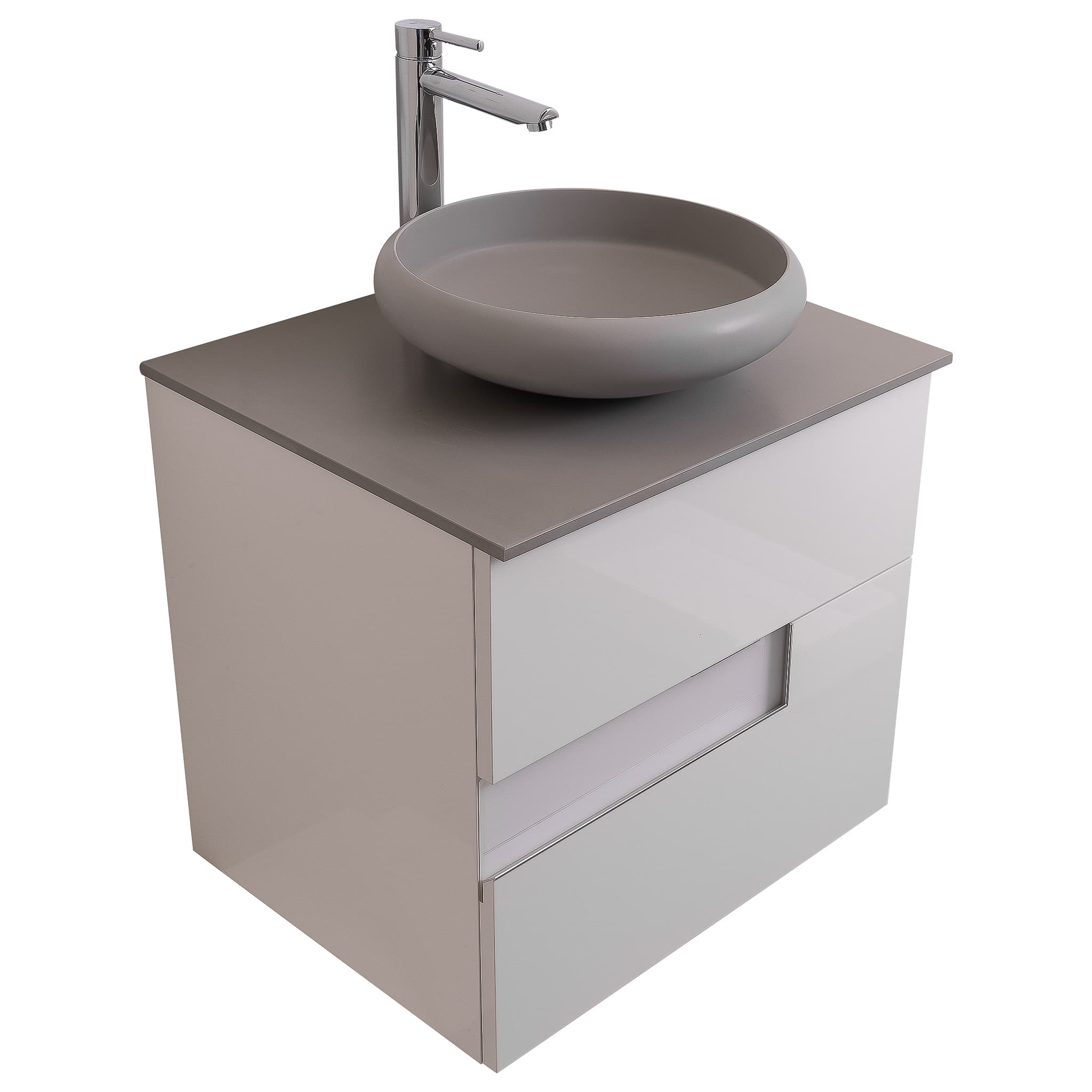 Vision 23.5 White High Gloss Cabinet, Solid Surface Flat Grey Counter And Round Solid Surface Grey Basin 1153, Wall Mounted Modern Vanity Set