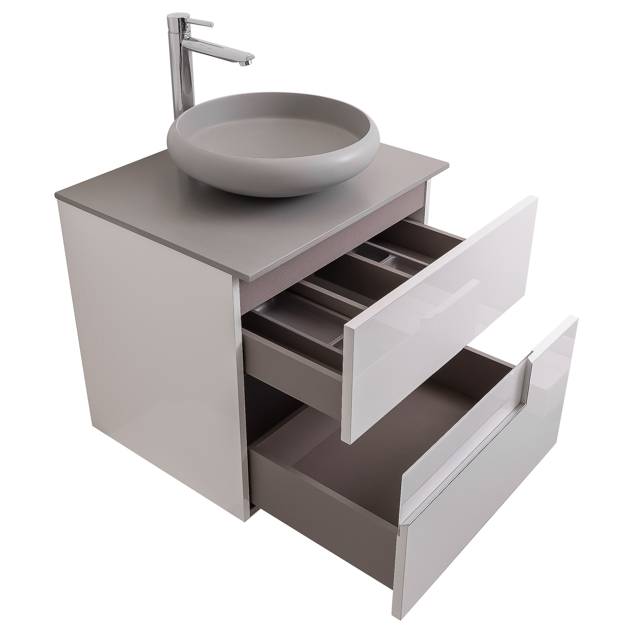 Vision 23.5 White High Gloss Cabinet, Solid Surface Flat Grey Counter And Round Solid Surface Grey Basin 1153, Wall Mounted Modern Vanity Set