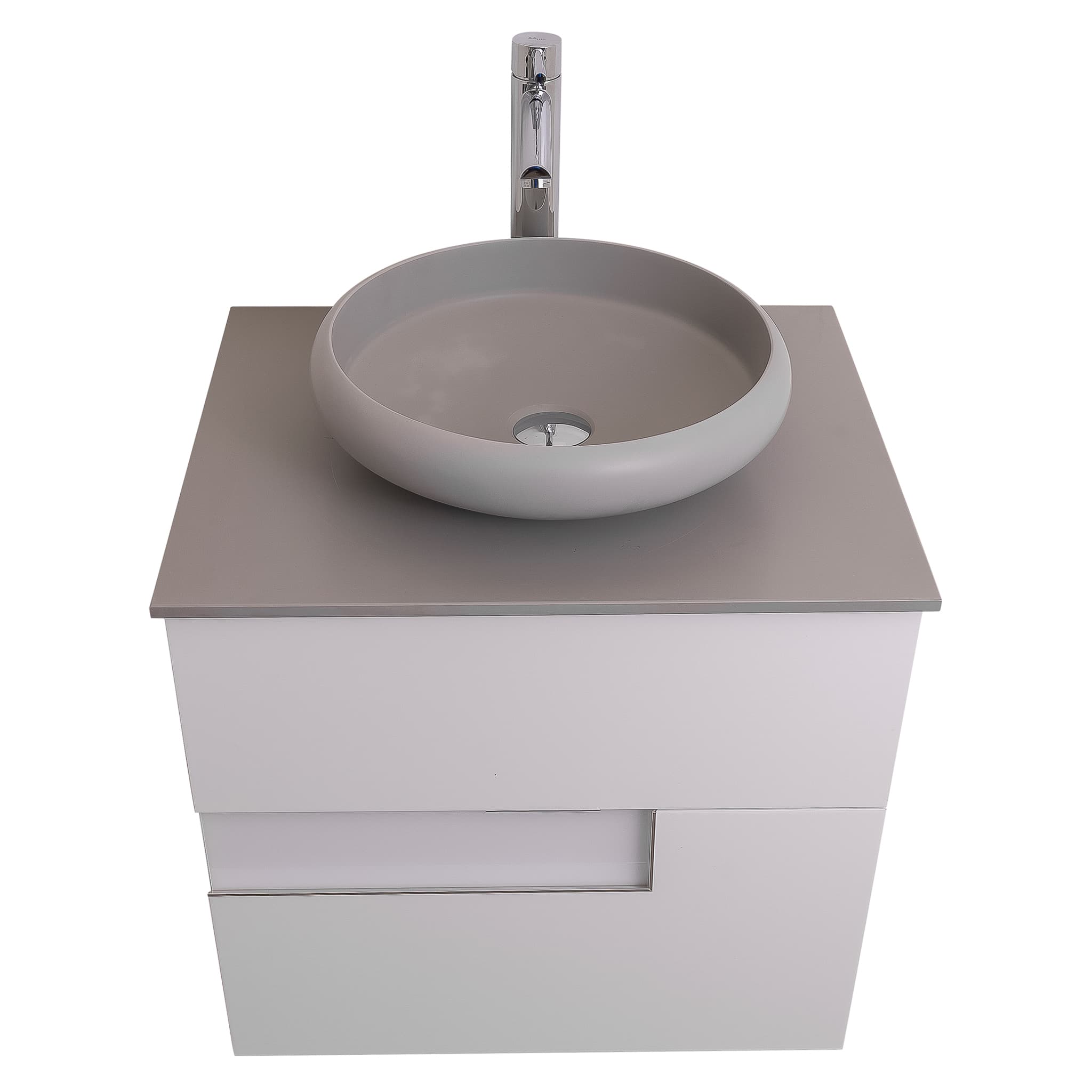 Vision 23.5 White High Gloss Cabinet, Solid Surface Flat Grey Counter And Round Solid Surface Grey Basin 1153, Wall Mounted Modern Vanity Set