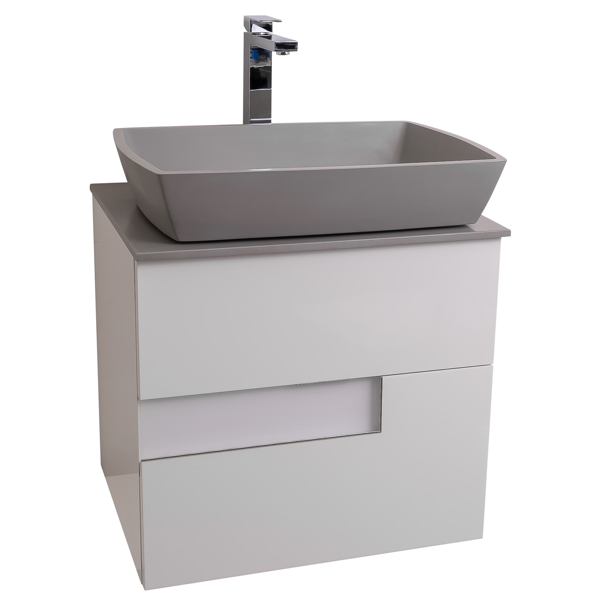 Vision 23.5 White High Gloss Cabinet, Solid Surface Flat Grey Counter And Square Solid Surface Grey Basin 1316, Wall Mounted Modern Vanity Set