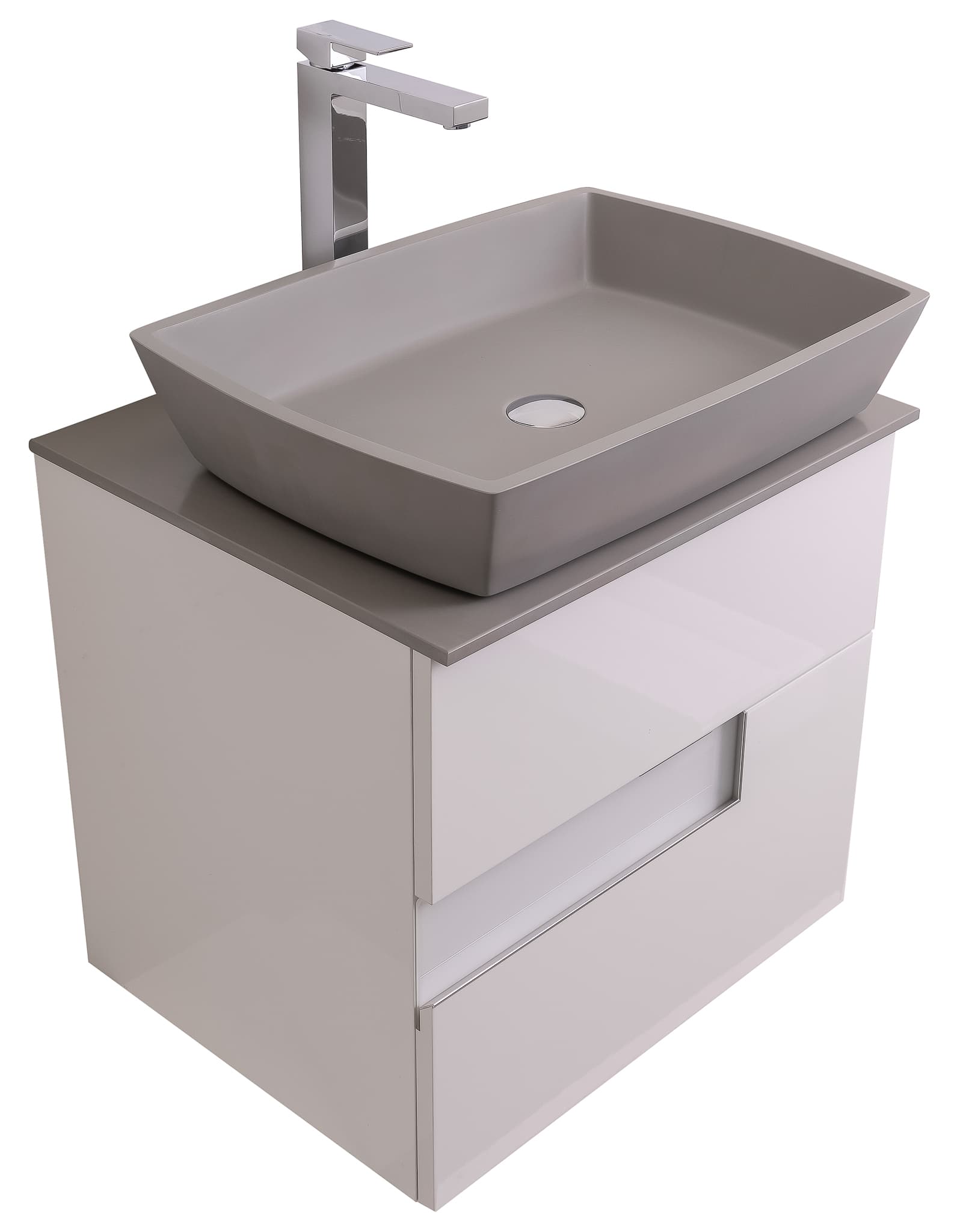 Vision 23.5 White High Gloss Cabinet, Solid Surface Flat Grey Counter And Square Solid Surface Grey Basin 1316, Wall Mounted Modern Vanity Set