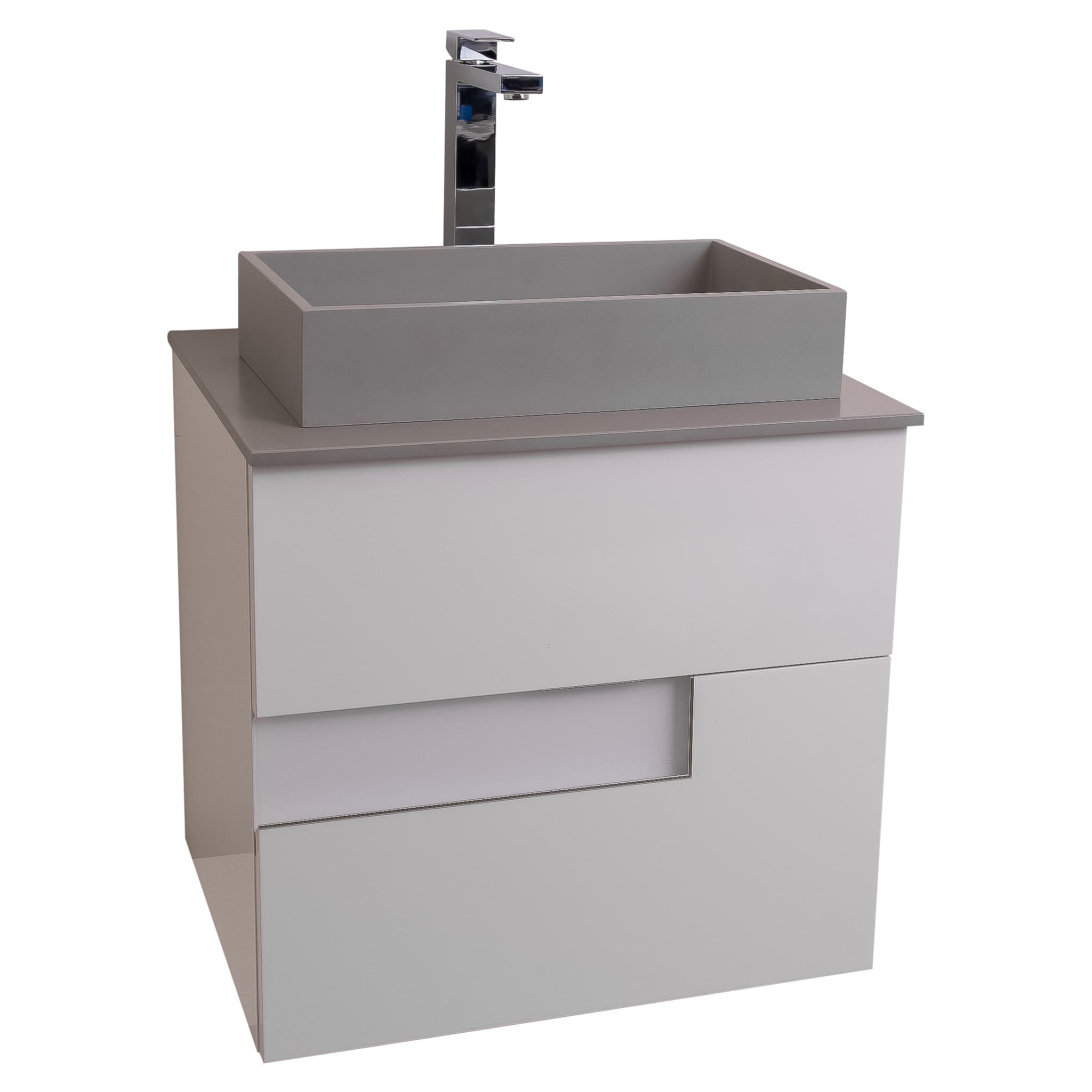 Vision 23.5 White High Gloss Cabinet, Solid Surface Flat Grey Counter And Infinity Square Solid Surface Grey Basin 1329, Wall Mounted Modern Vanity Set